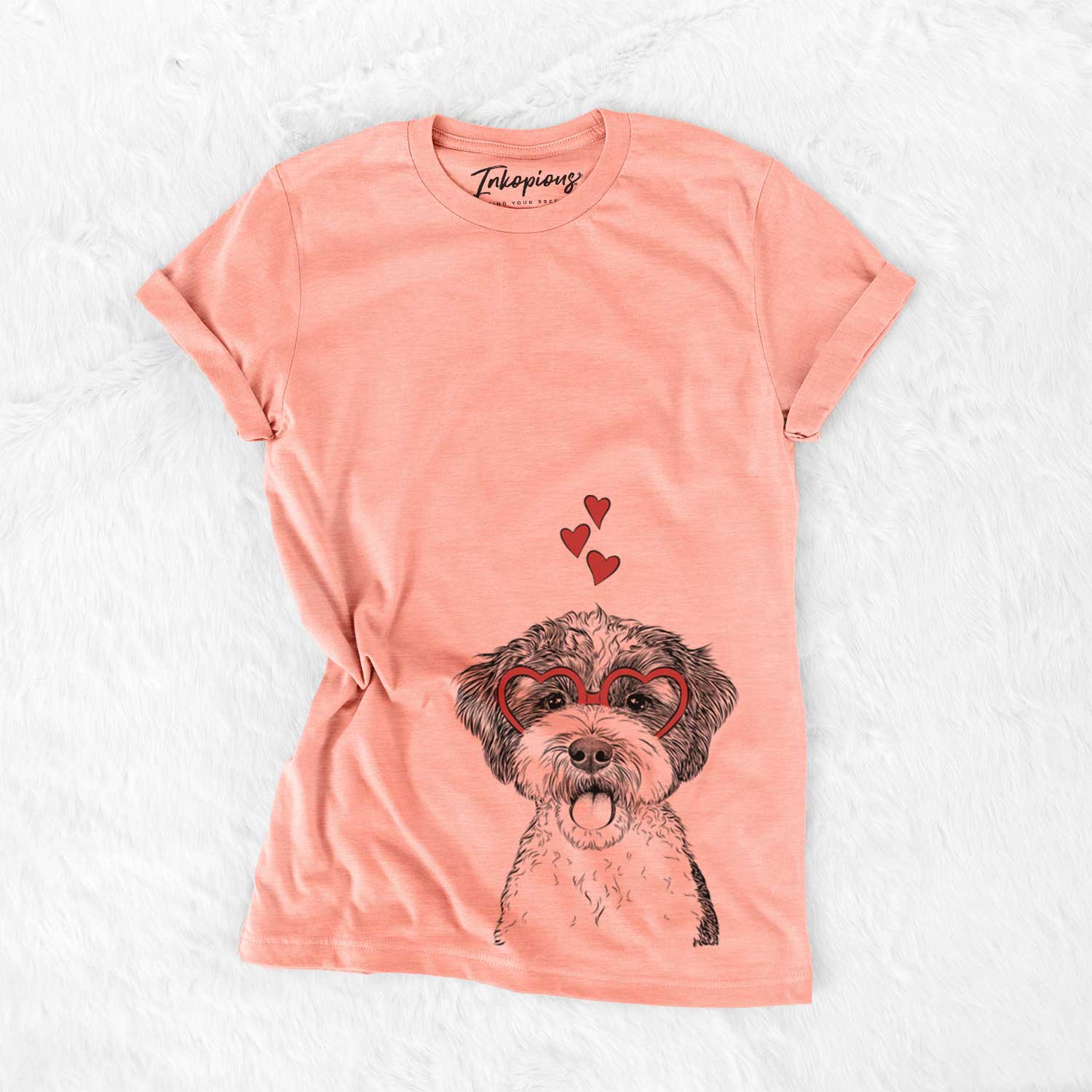 Hand-drawn sketch of Bella the Cockapoo wearing heart-shaped glasses on a Sunset Bella Canvas Unisex Crewneck