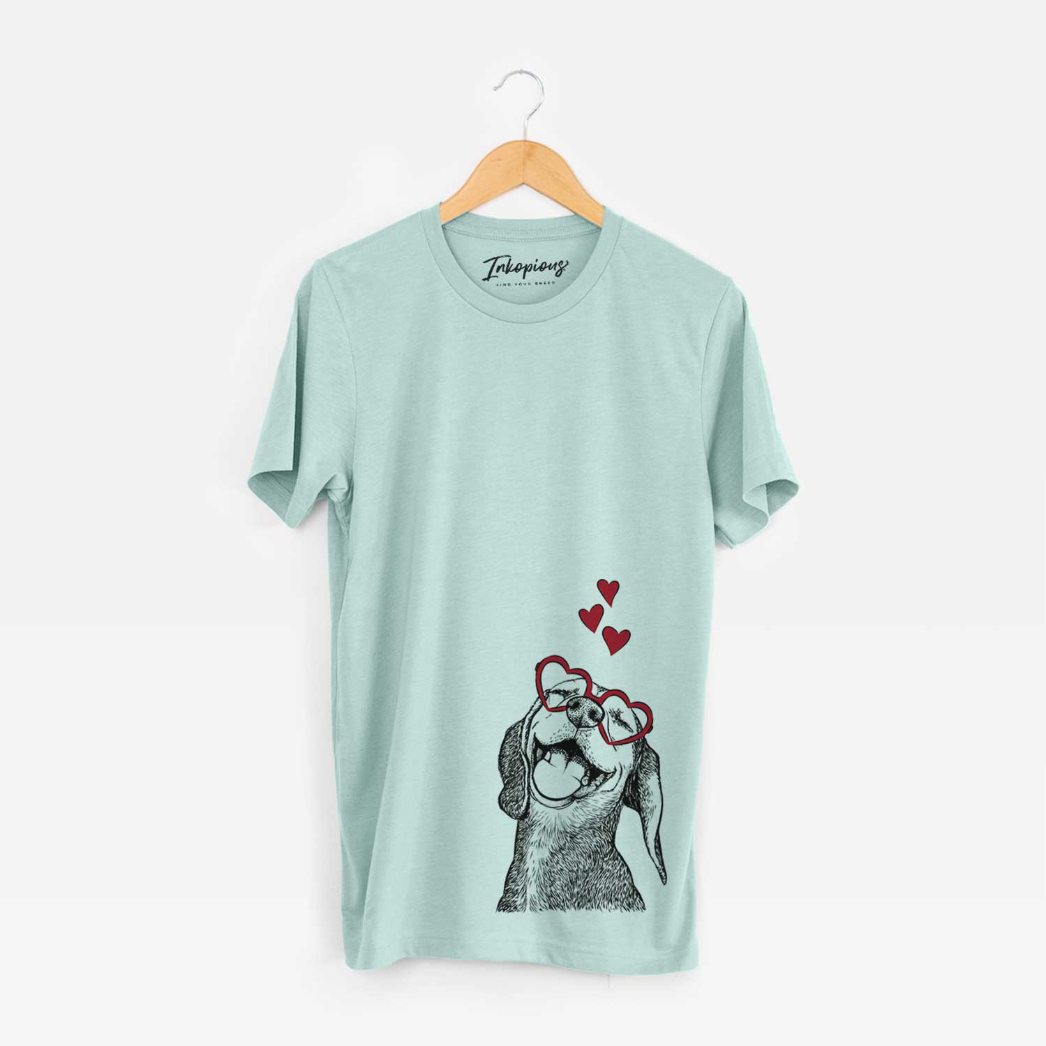 Hand-drawn sketch of Belle the Hound Mix wearing heart-shaped glasses on a Heather Sage Bella Canvas Unisex Crewneck