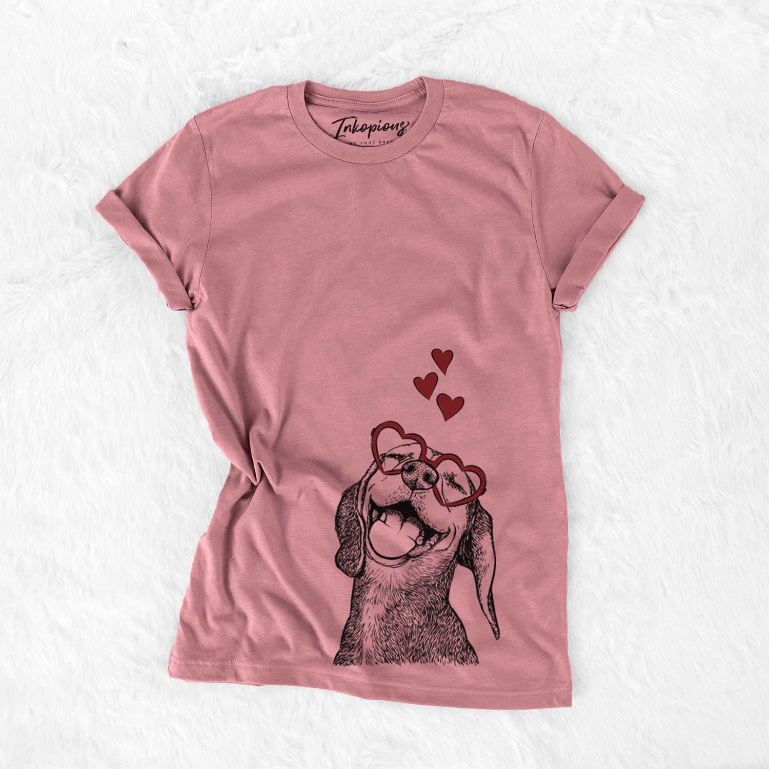 Hand-drawn sketch of Belle the Hound Mix wearing heart-shaped glasses on a Mauve Bella Canvas Unisex Crewneck