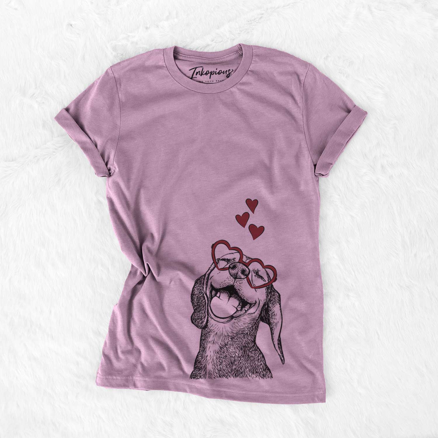 Hand-drawn sketch of Belle the Hound Mix wearing heart-shaped glasses on an Orchid Bella Canvas Unisex Crewneck