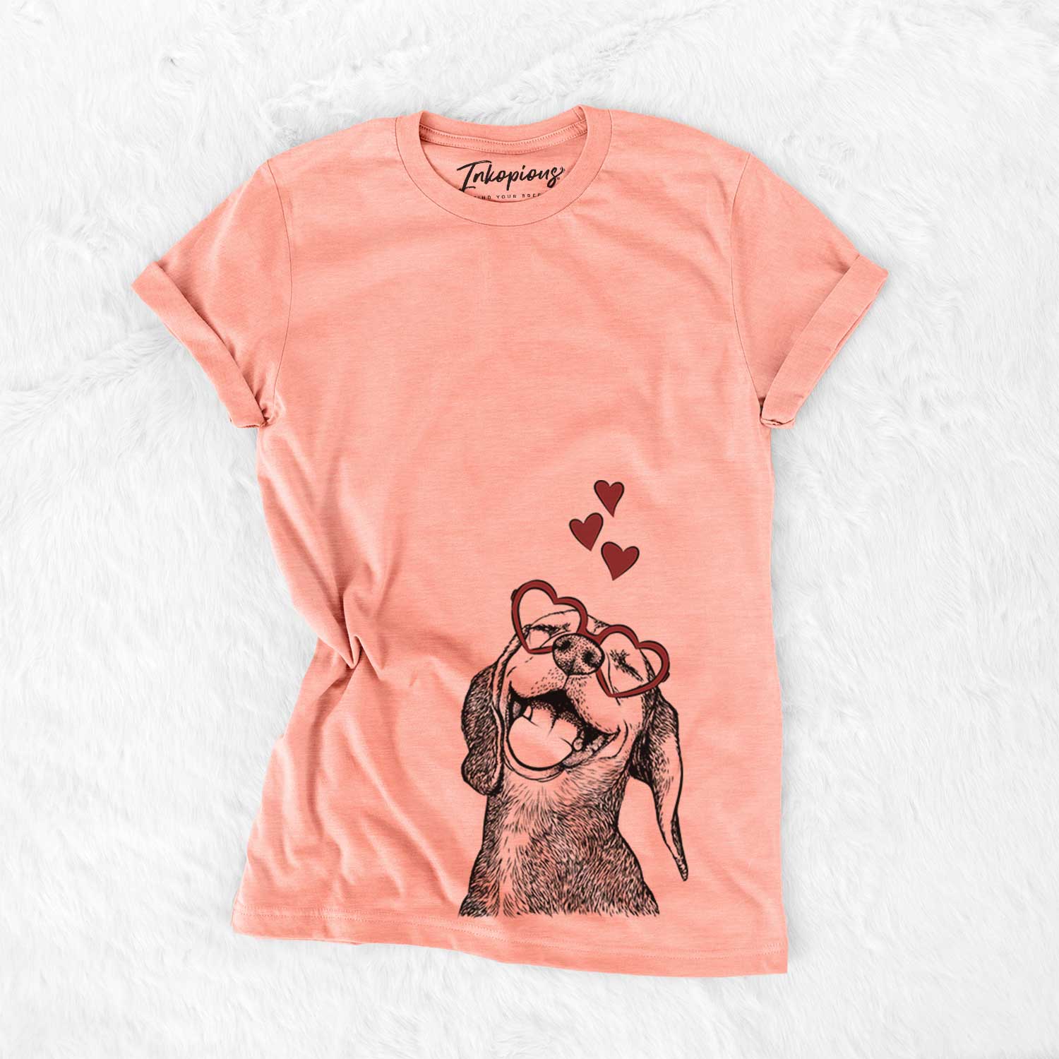 Hand-drawn sketch of Belle the Hound Mix wearing heart-shaped glasses on a Sunset Bella Canvas Unisex Crewneck