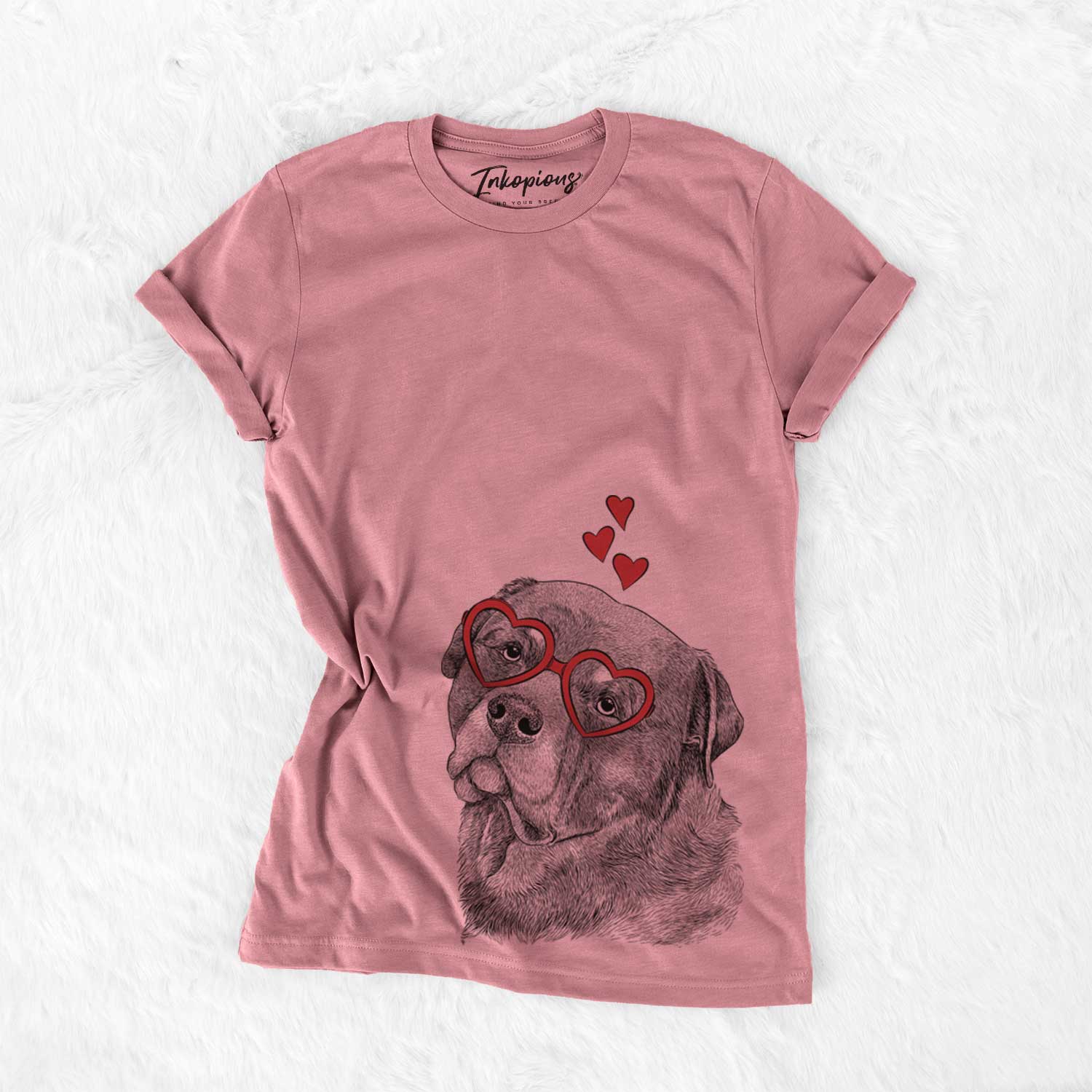 Hand-drawn sketch of Bender the Rottweiler wearing heart-shaped glasses on a Mauve Bella Canvas Unisex Crewneck
