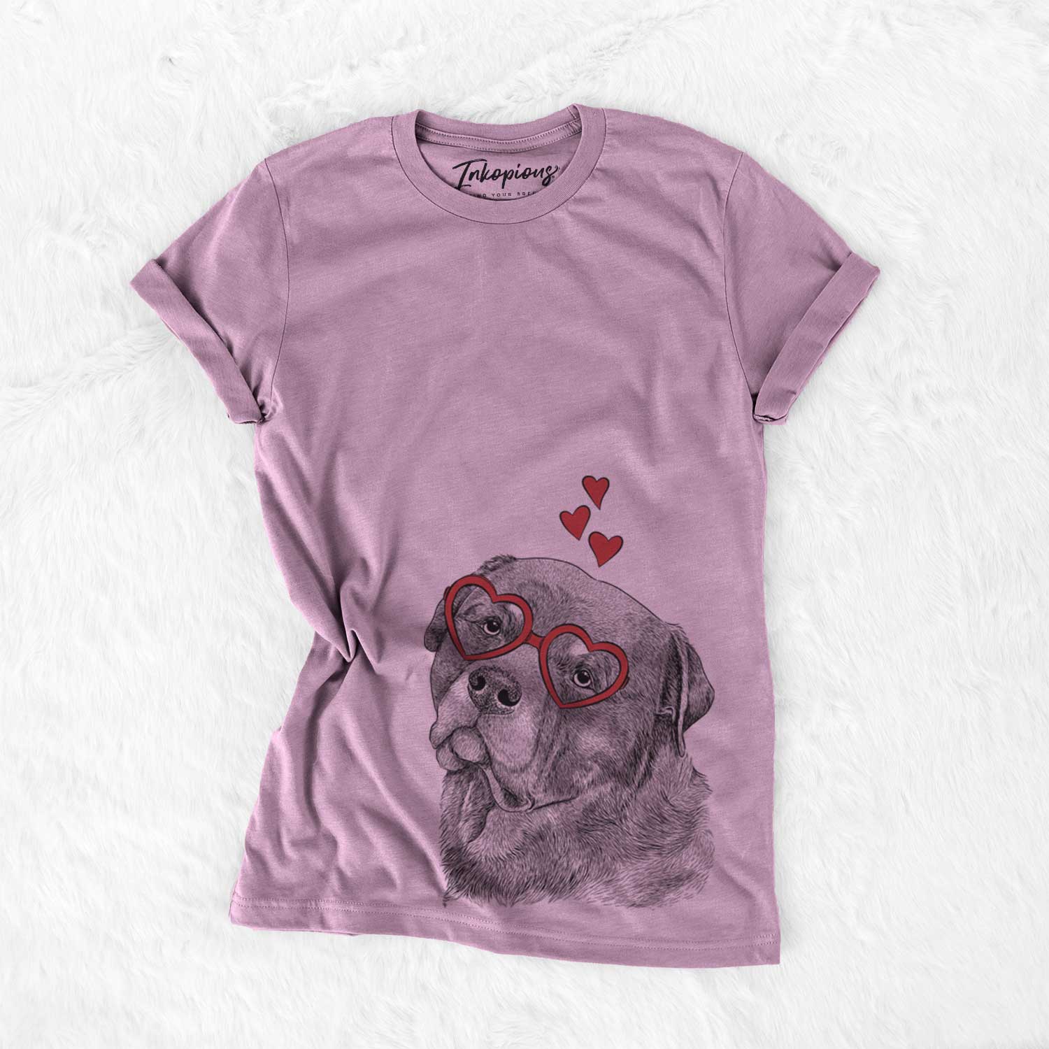 Hand-drawn sketch of Bender the Rottweiler wearing heart-shaped glasses on an Orchid Bella Canvas Unisex Crewneck