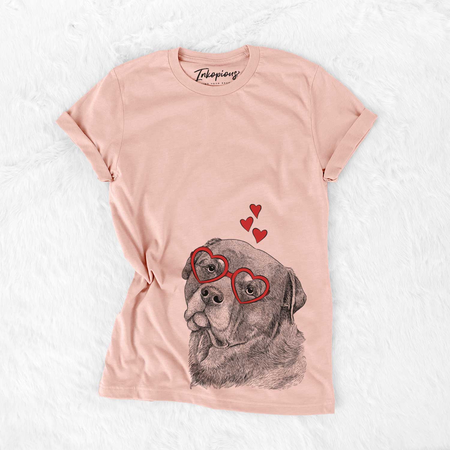Hand-drawn sketch of Bender the Rottweiler wearing heart-shaped glasses on a Peach Bella Canvas Unisex Crewneck