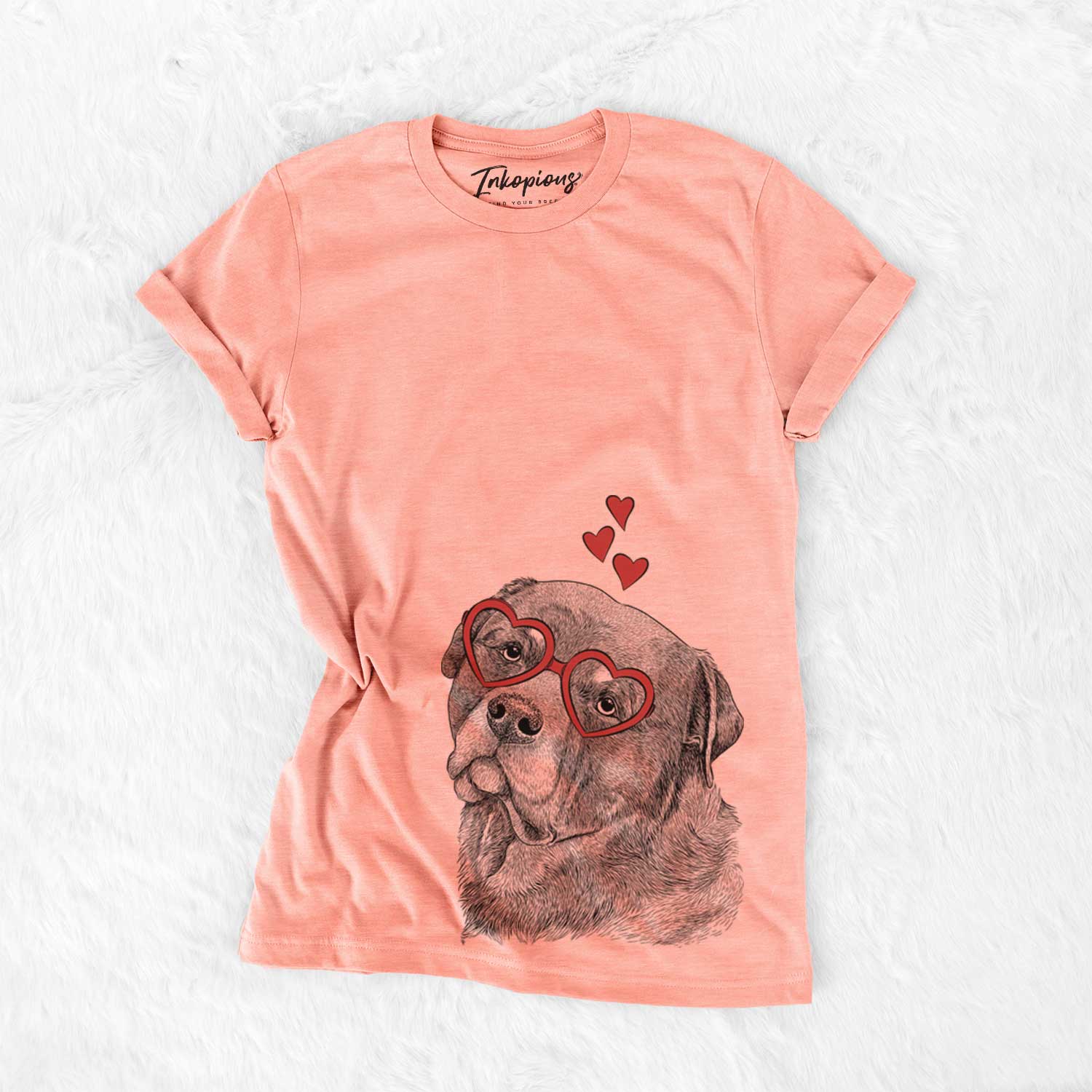 Hand-drawn sketch of Bender the Rottweiler wearing heart-shaped glasses on a Sunset Bella Canvas Unisex Crewneck