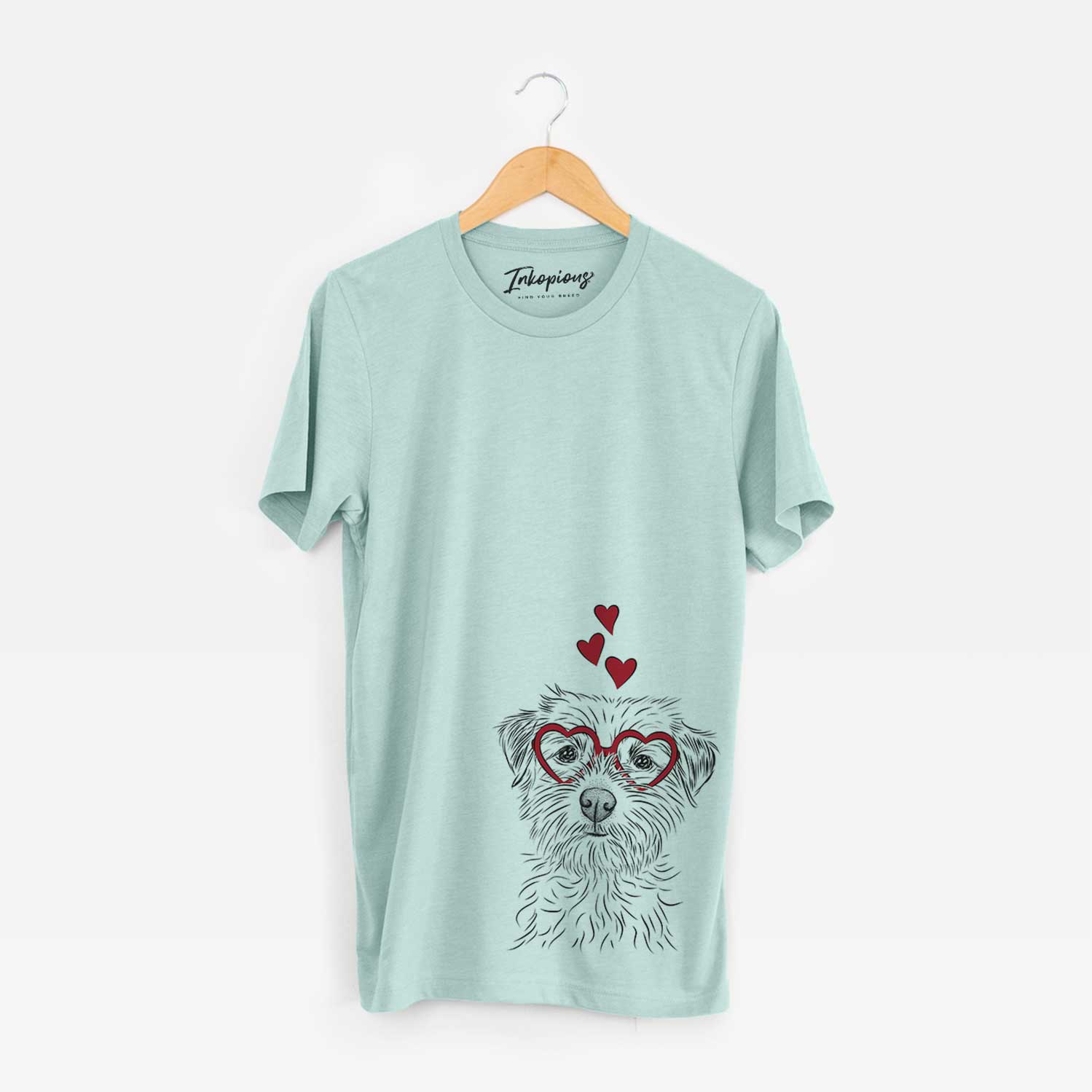 Hand-drawn sketch of Benjamin the Border Terrier wearing heart-shaped glasses on a Heather Sage Bella Canvas Unisex Crewneck