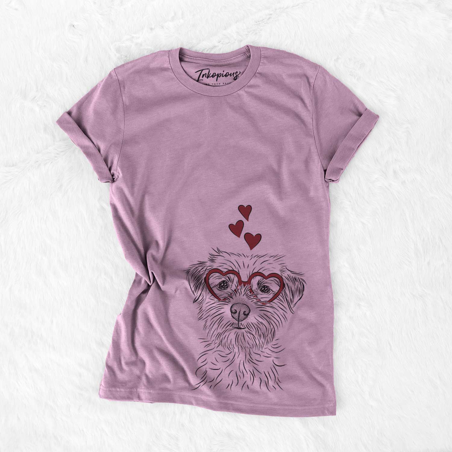 Hand-drawn sketch of Benjamin the Border Terrier wearing heart-shaped glasses on an Orchid Bella Canvas Unisex Crewneck