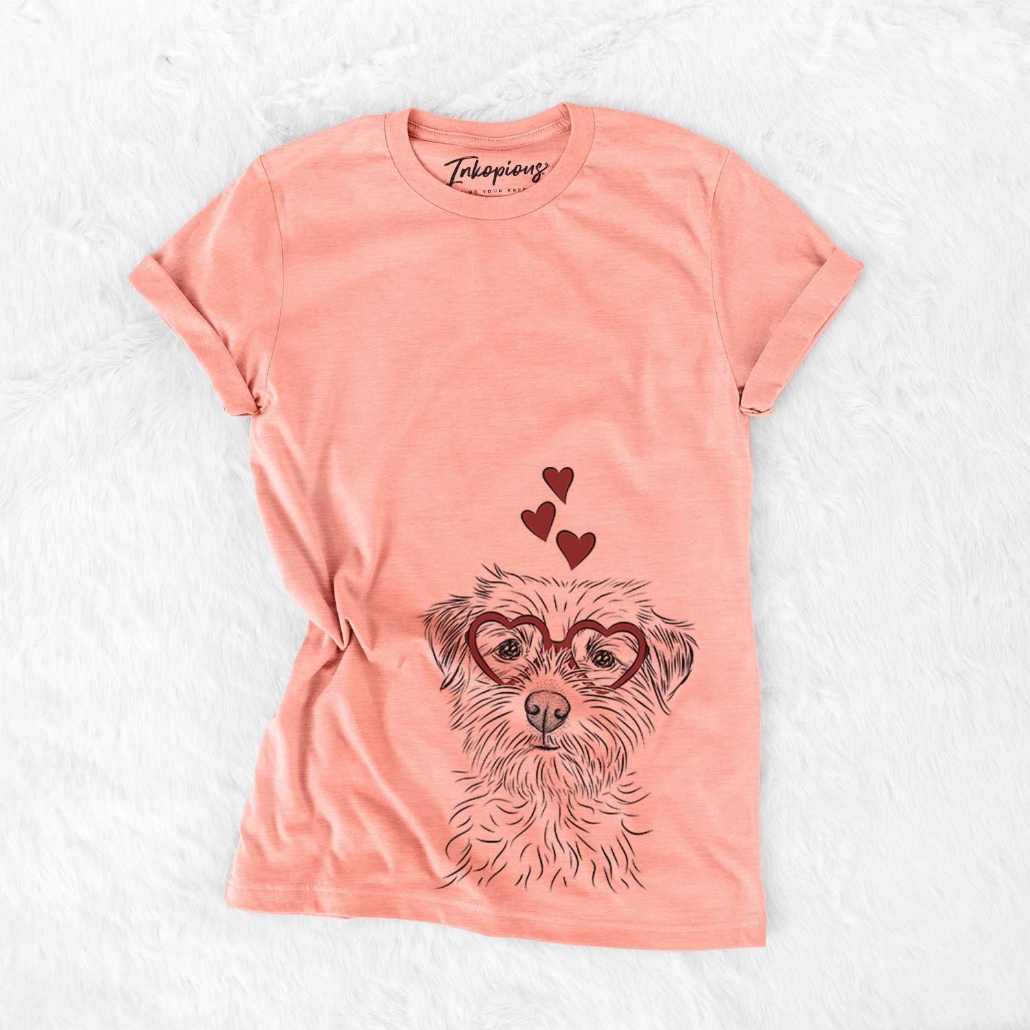 Hand-drawn sketch of Benjamin the Border Terrier wearing heart-shaped glasses on a Sunset Bella Canvas Unisex Crewneck