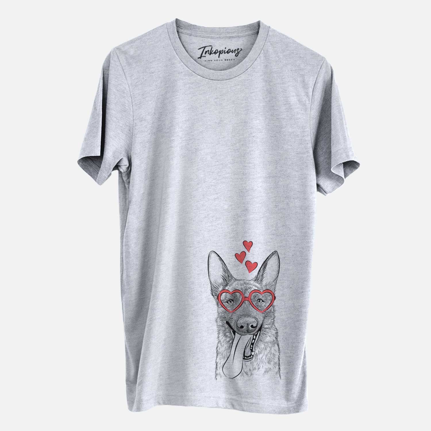 Hand-drawn sketch of Bessa the Dutch Shepherd wearing heart-shaped glasses on a Grey Unisex crewneck