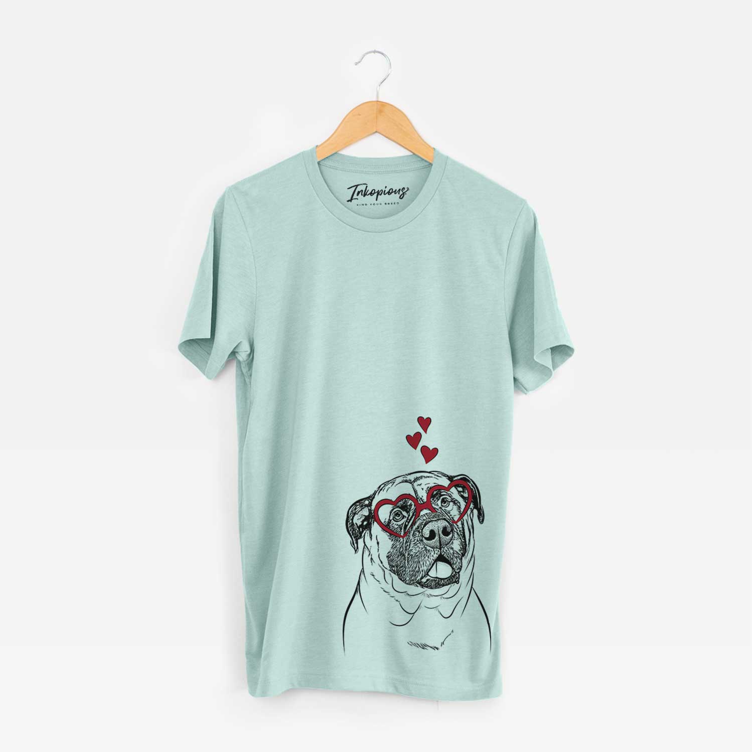 Hand-drawn sketch of Big P the English Mastiff wearing heart-shaped glasses on a Heather Sage Bella Canvas Unisex Crewneck