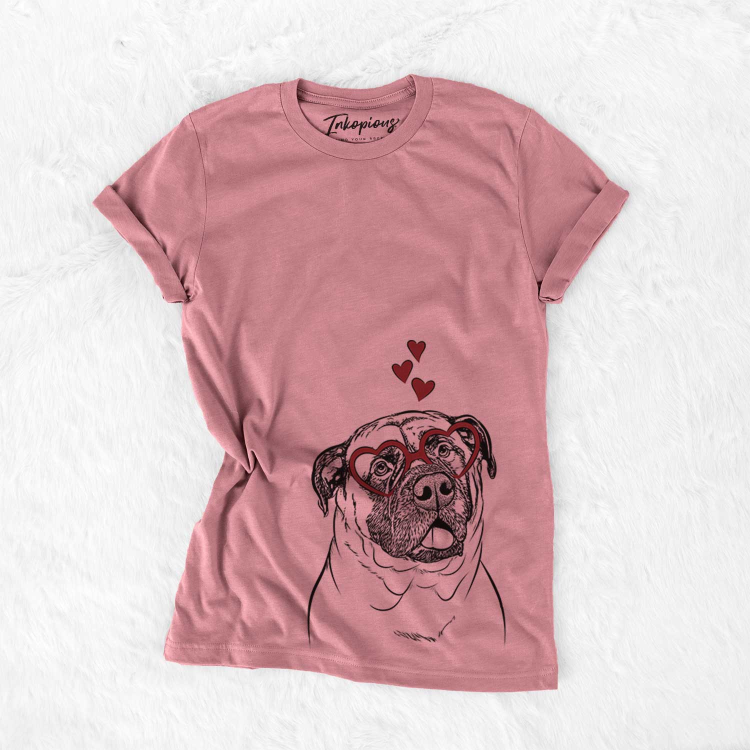 Hand-drawn sketch of Big P the English Mastiff wearing heart-shaped glasses on a Mauve Bella Canvas Unisex Crewneck