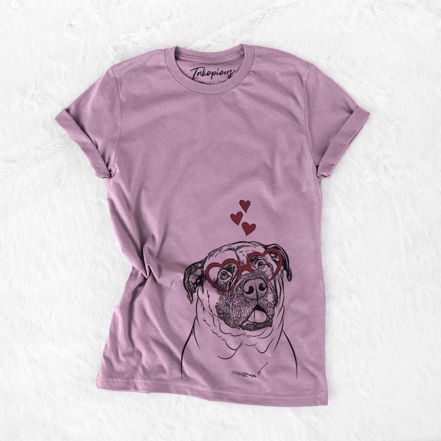 Hand-drawn sketch of Big P the English Mastiff wearing heart-shaped glasses on an Orchid Bella Canvas Unisex Crewneck