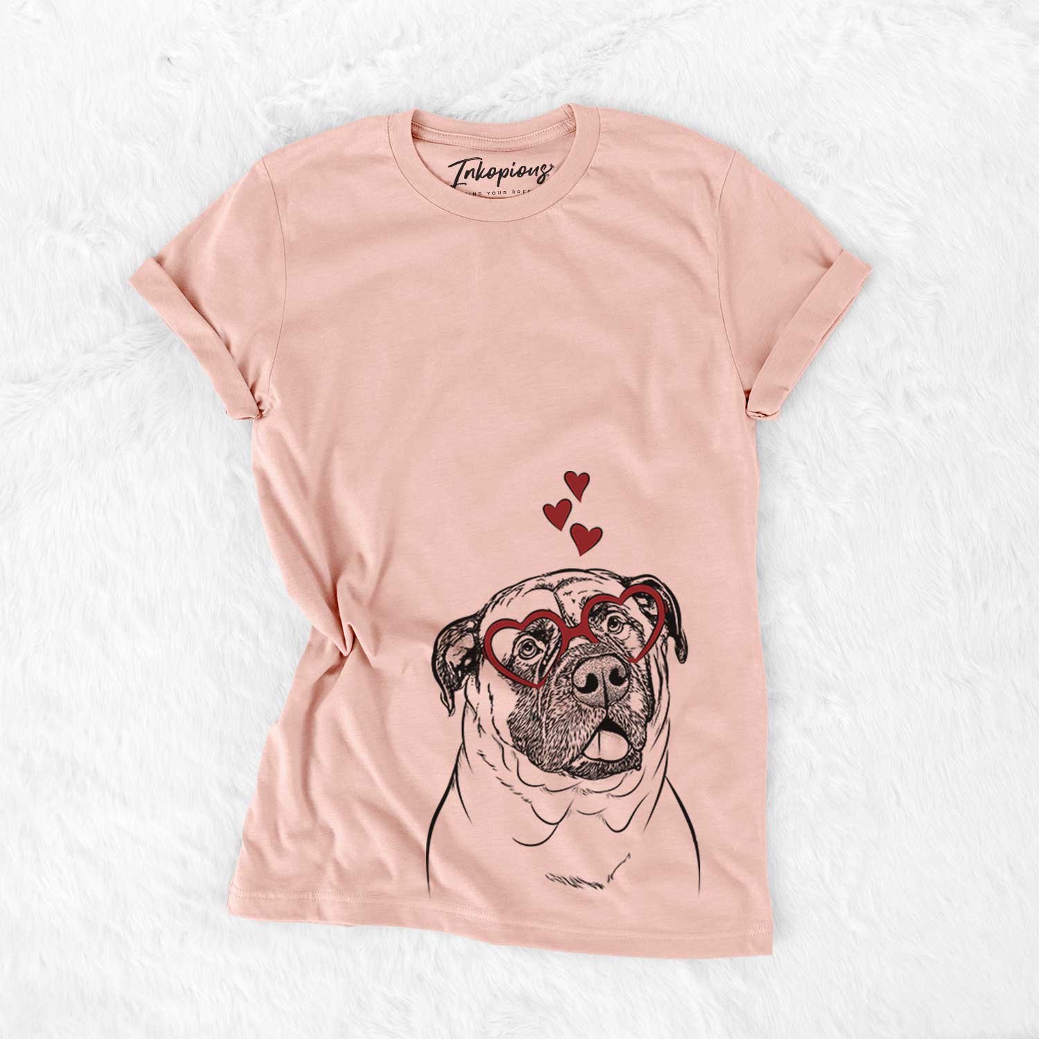 Hand-drawn sketch of Big P the English Mastiff wearing heart-shaped glasses on a Peach Bella Canvas Unisex Crewneck