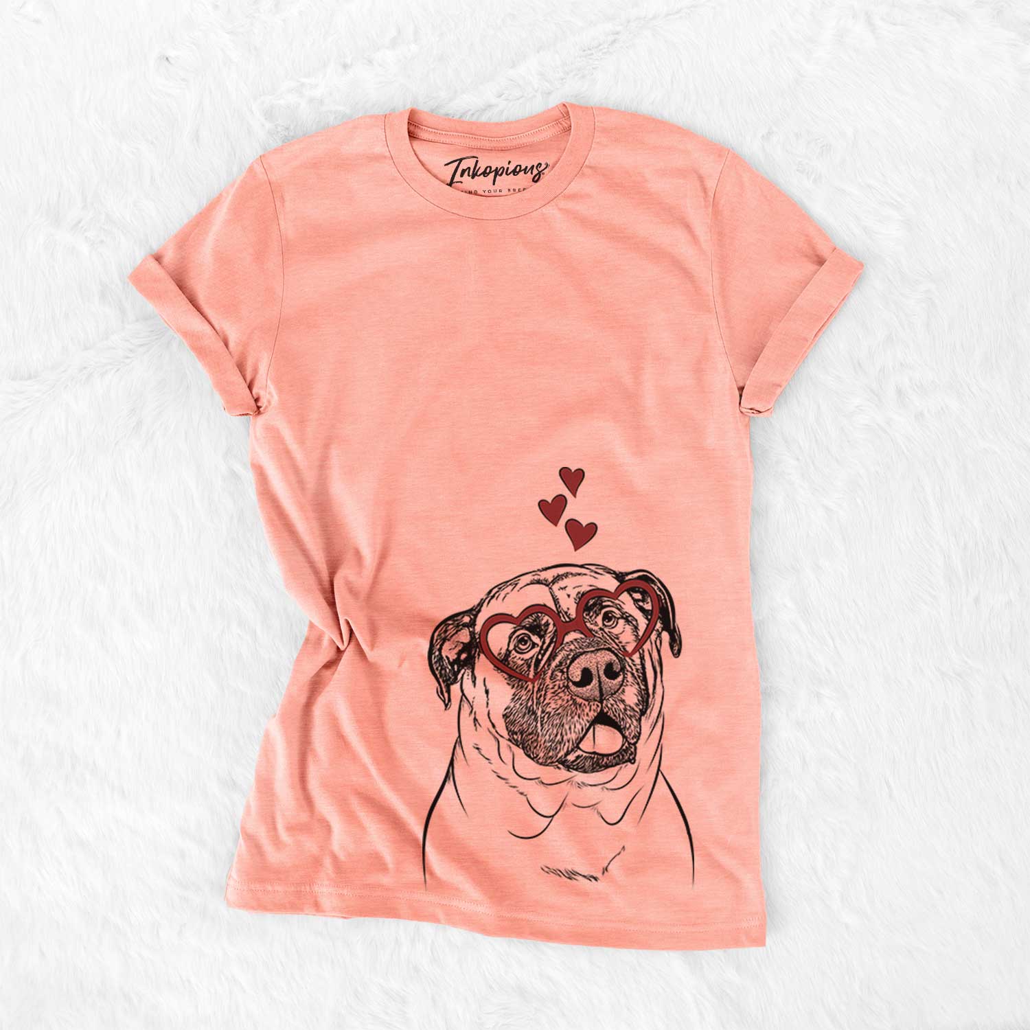 Hand-drawn sketch of Big P the English Mastiff wearing heart-shaped glasses on a Sunset Bella Canvas Unisex Crewneck