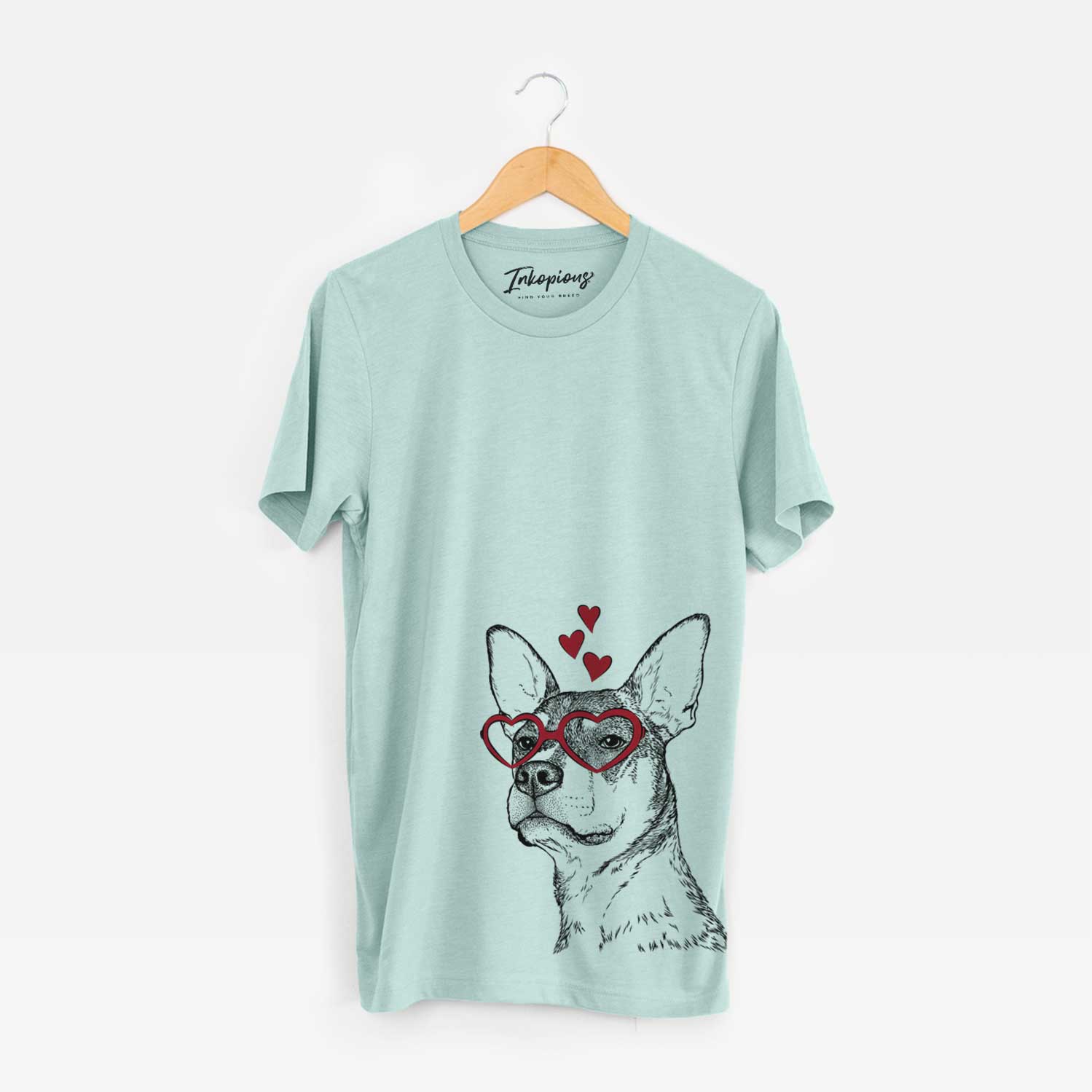Hand-drawn sketch of Bill the Heeler Mix wearing heart-shaped glasses on a Heather Sage Bella Canvas Unisex Crewneck