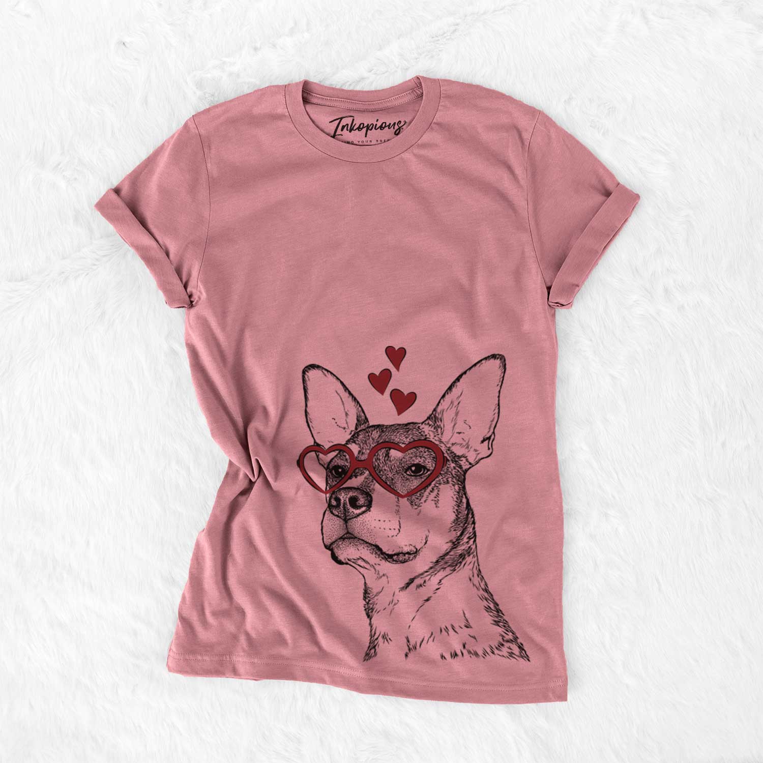 Hand-drawn sketch of Bill the Heeler Mix wearing heart-shaped glasses on a Mauve Bella Canvas Unisex Crewneck