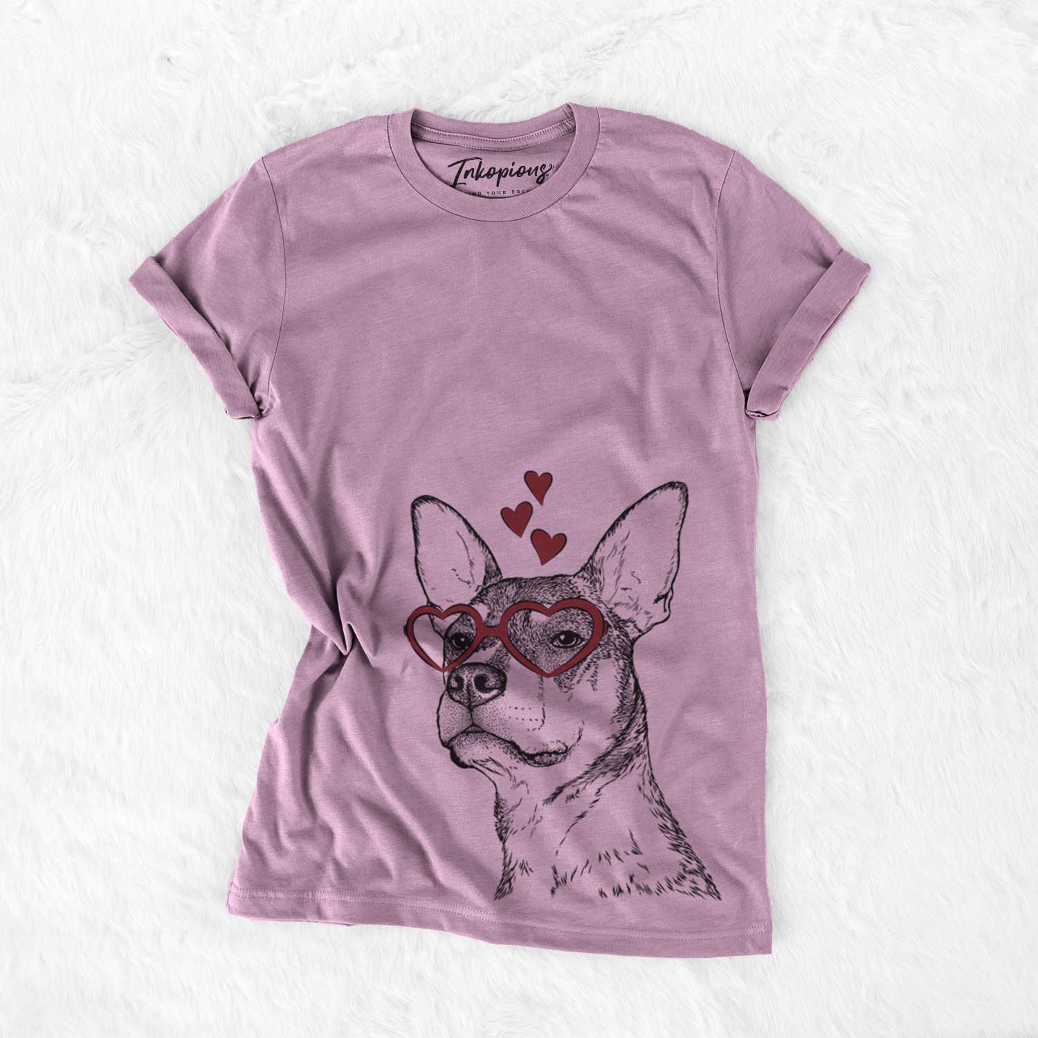 Hand-drawn sketch of Bill the Heeler Mix wearing heart-shaped glasses on an Orchid Bella Canvas Unisex Crewneck