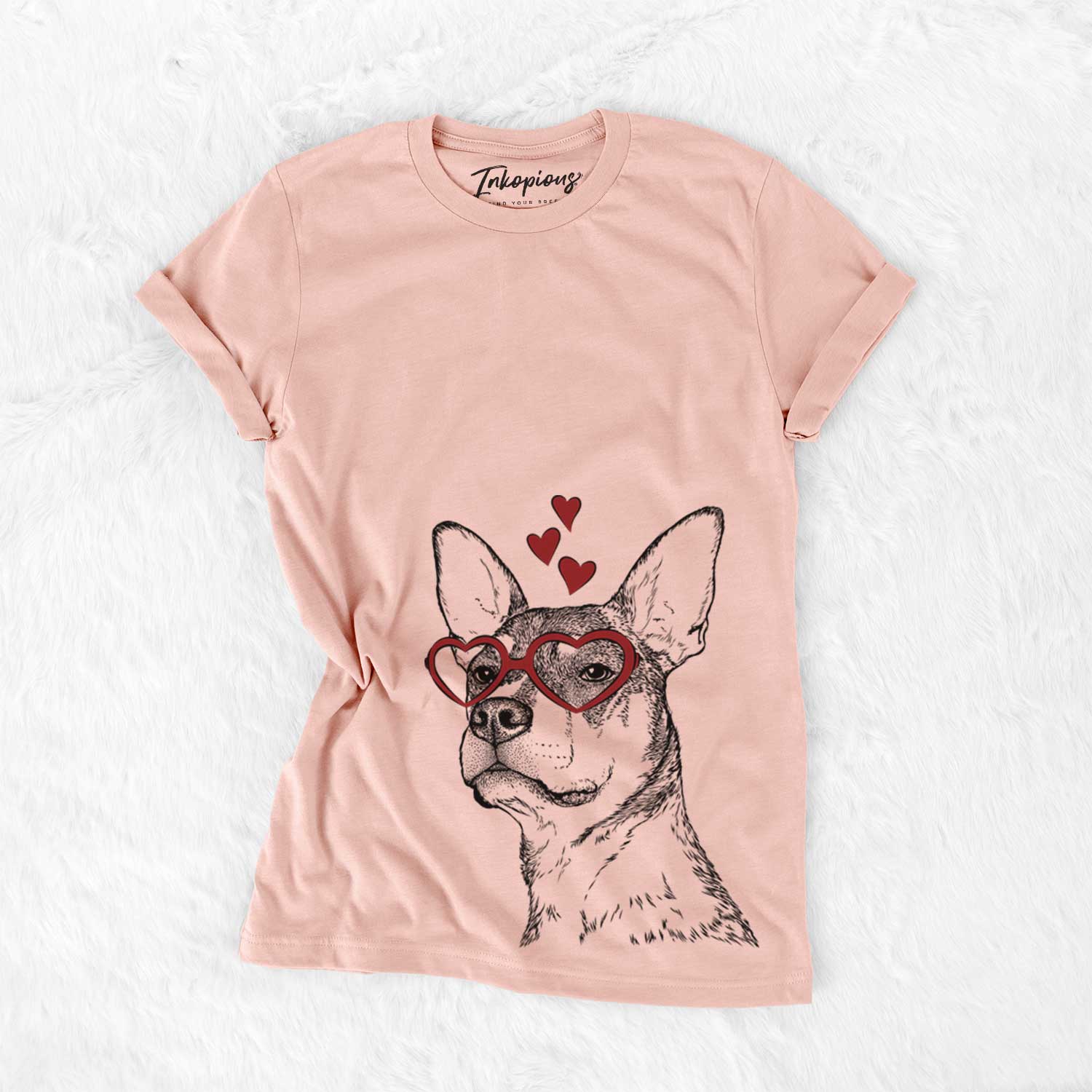 Hand-drawn sketch of Bill the Heeler Mix wearing heart-shaped glasses on a Peach Bella Canvas Unisex Crewneck