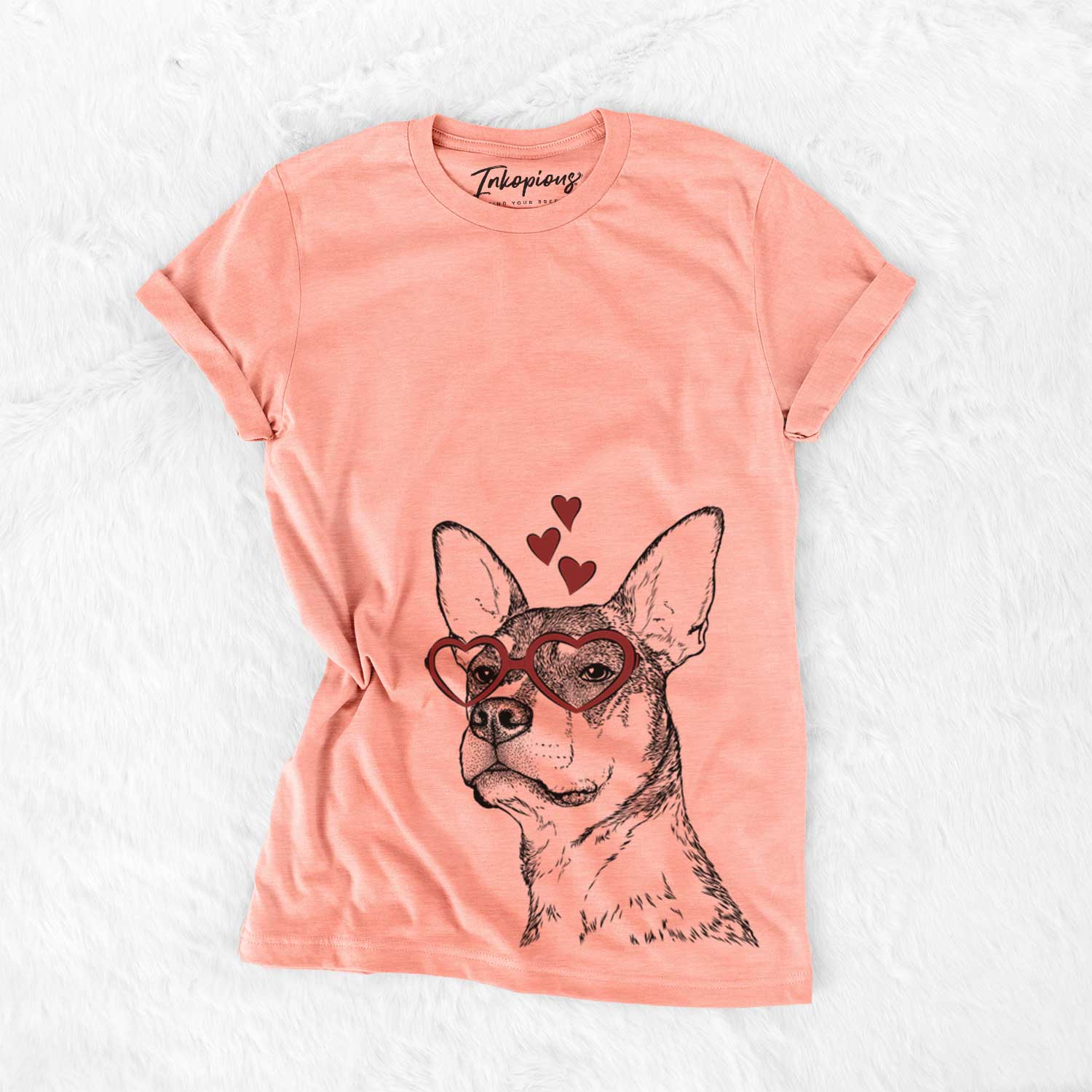 Hand-drawn sketch of Bill the Heeler Mix wearing heart-shaped glasses on a Sunset Bella Canvas Unisex Crewneck