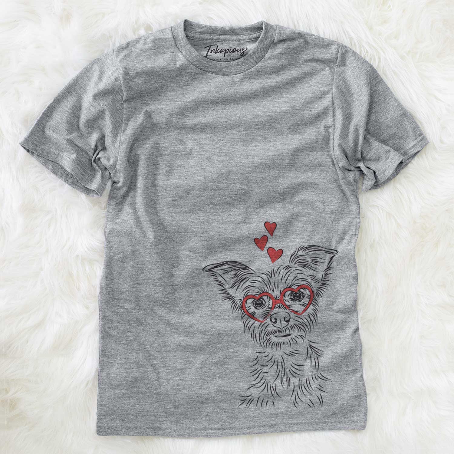 Hand-drawn sketch of Bingo the Yorkshire Terrier wearing heart-shaped glasses on a Grey Unisex crewneck