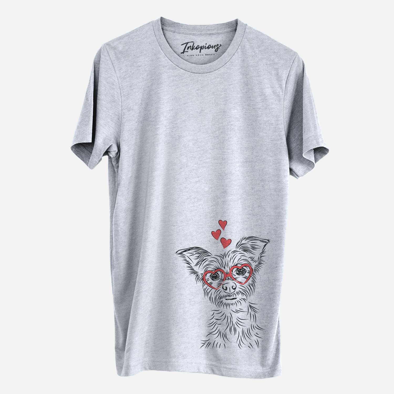Hand-drawn sketch of Bingo the Yorkshire Terrier wearing heart-shaped glasses on a Grey Unisex crewneck