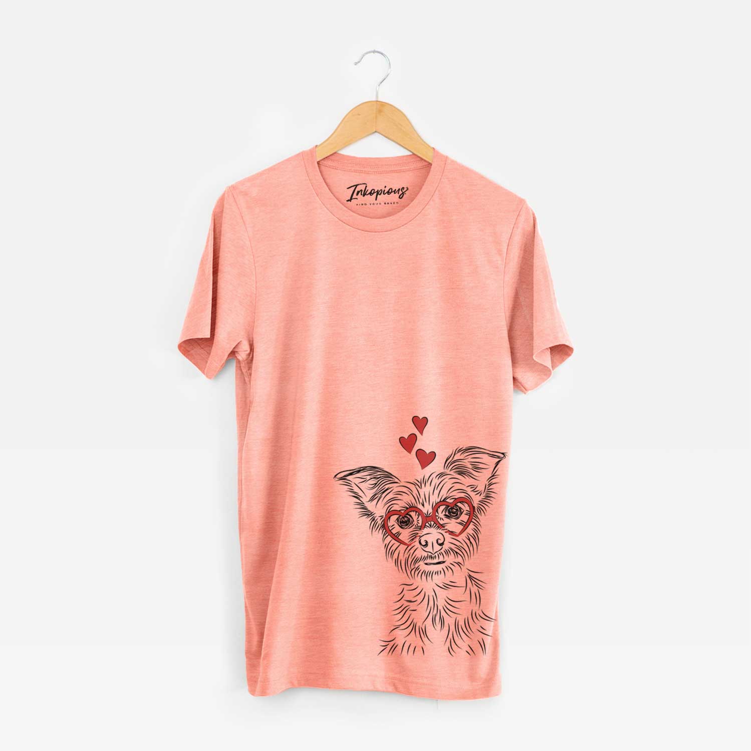 Hand-drawn sketch of Bingo the Yorkshire Terrier wearing heart-shaped glasses on a Sunset Unisex crewneck