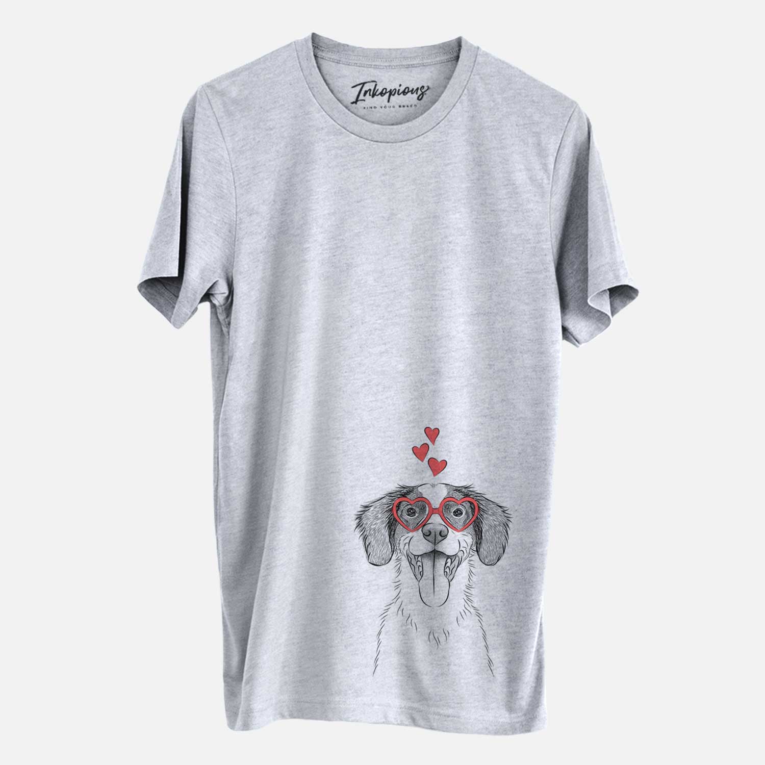 Hand-drawn sketch of Birdie the Brittany wearing heart-shaped glasses on a Grey Unisex crewneck