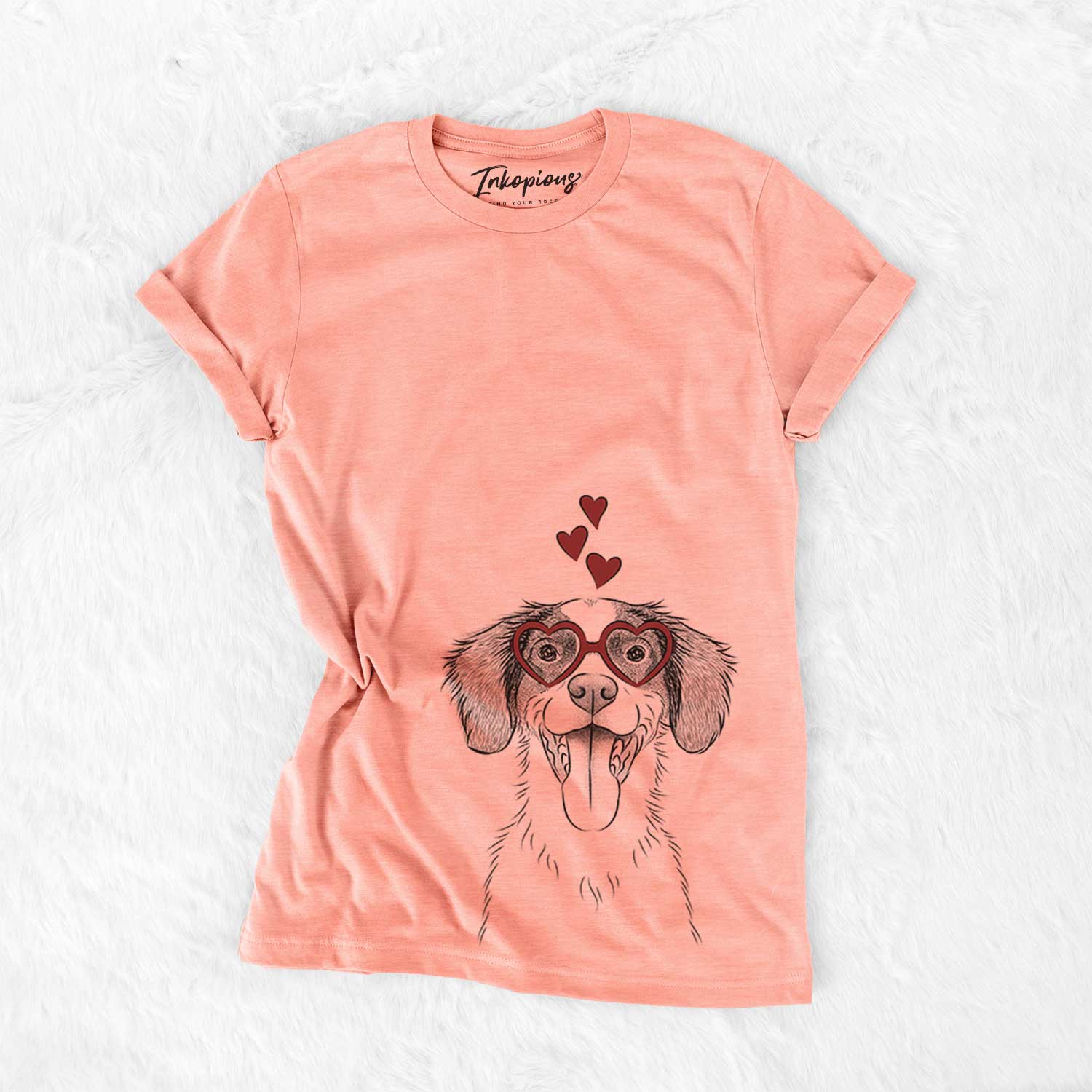 Hand-drawn sketch of Birdie the Brittany wearing heart-shaped glasses on a Sunset Bella Canvas Unisex Crewneck