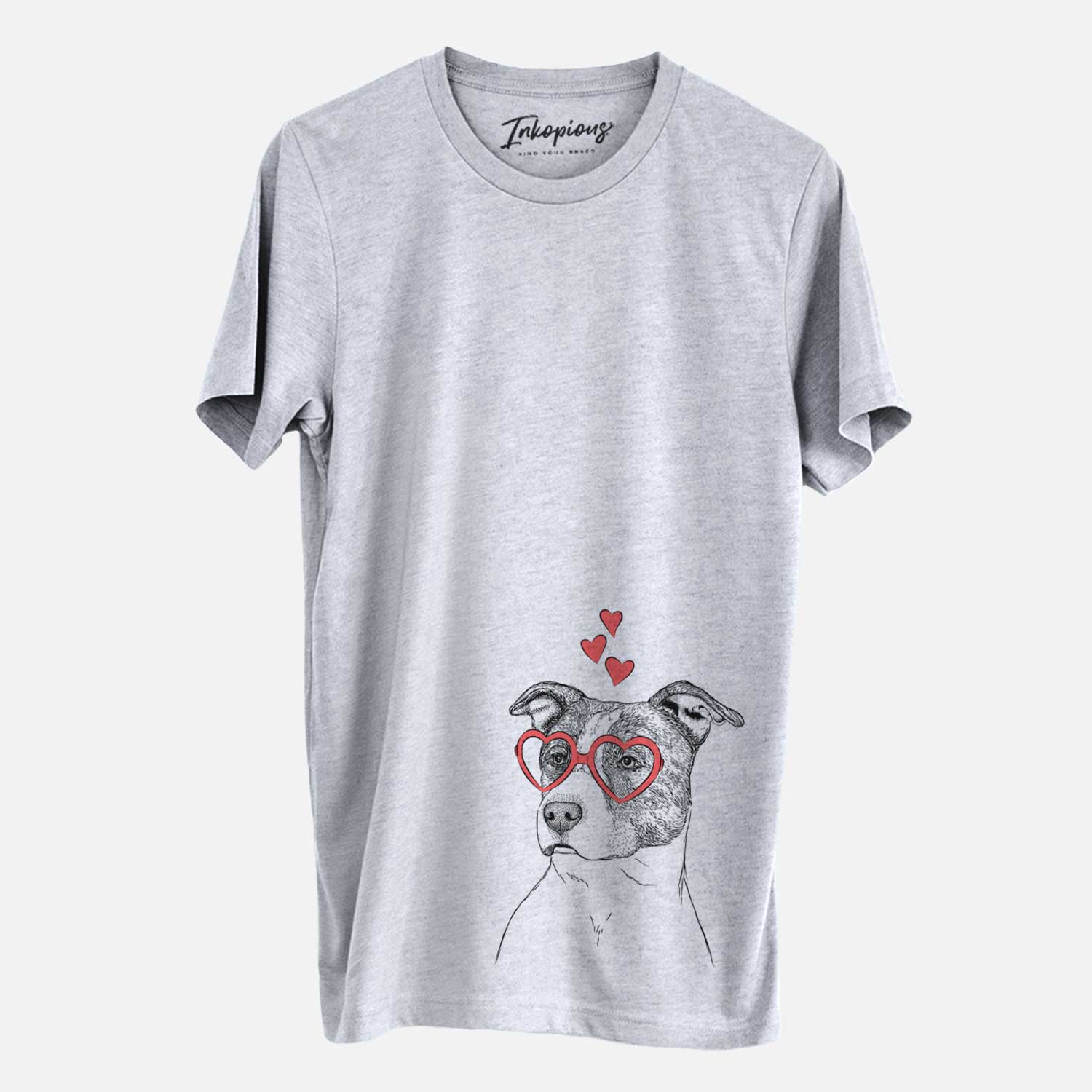 Hand-drawn sketch of Blu the Pitbull wearing heart-shaped glasses on a Grey Unisex crewneck