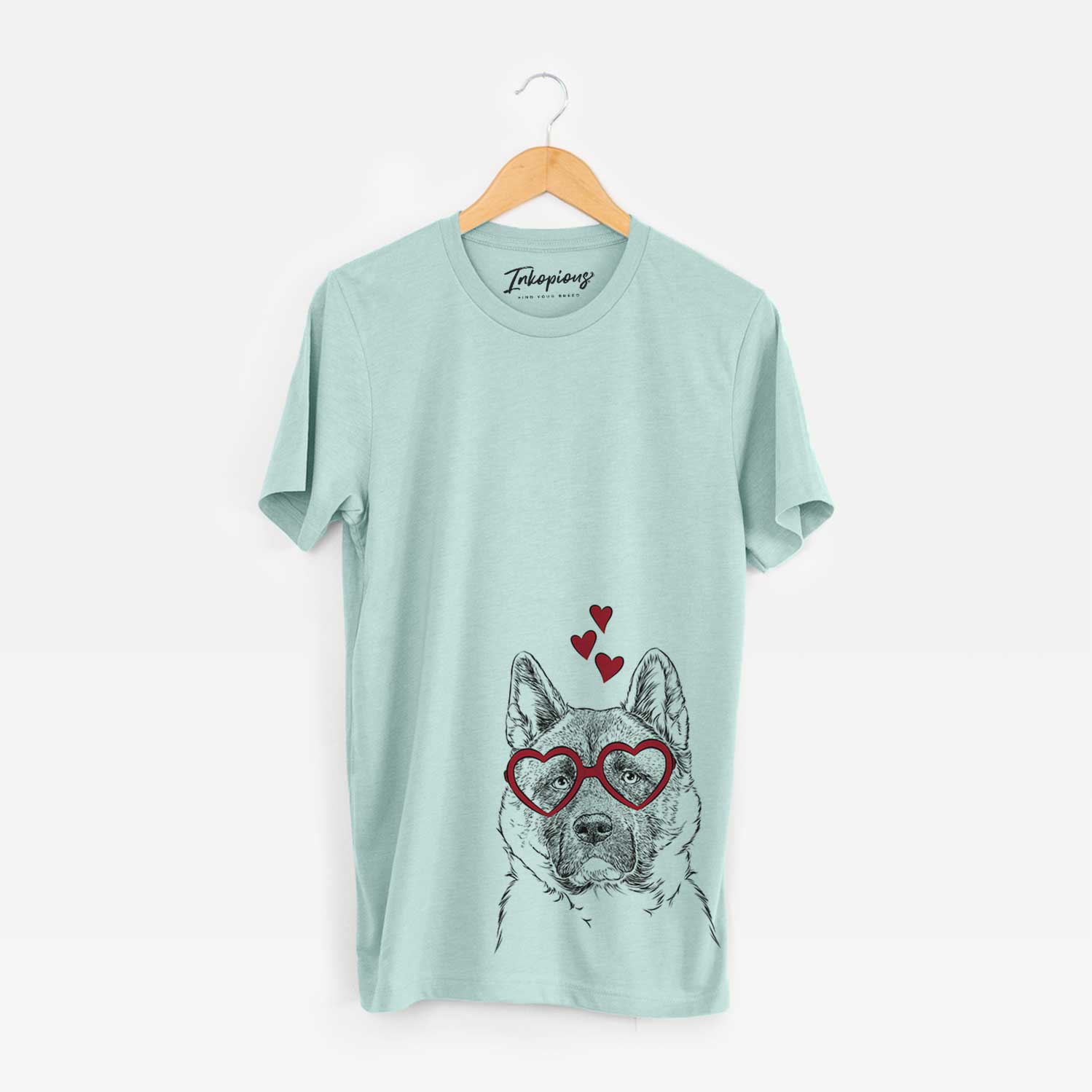 Hand-drawn sketch of Bo the American Akita wearing heart-shaped glasses on a Heather Sage Bella Canvas Unisex Crewneck