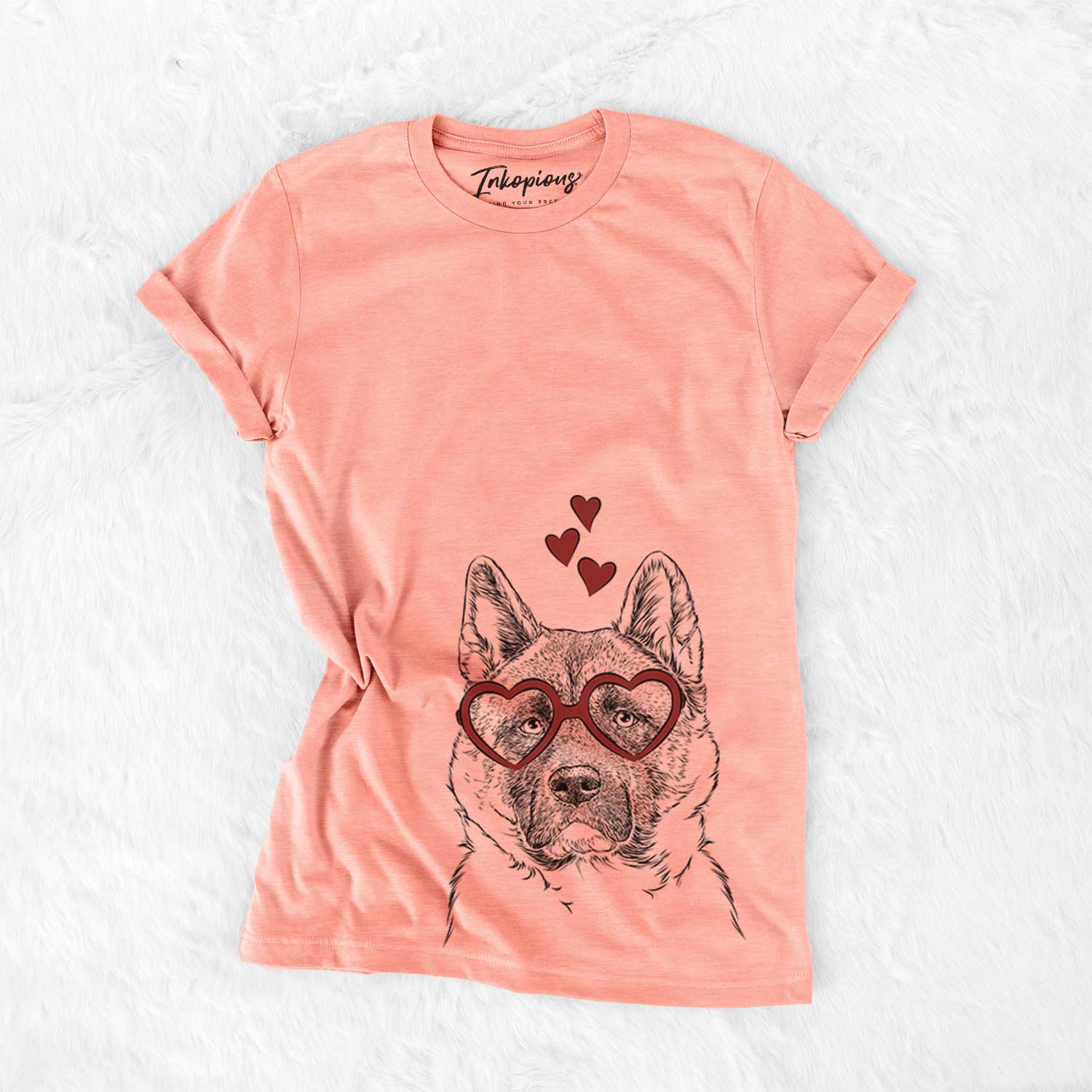 Hand-drawn sketch of Bo the American Akita wearing heart-shaped glasses on a Sunset Bella Canvas Unisex Crewneck