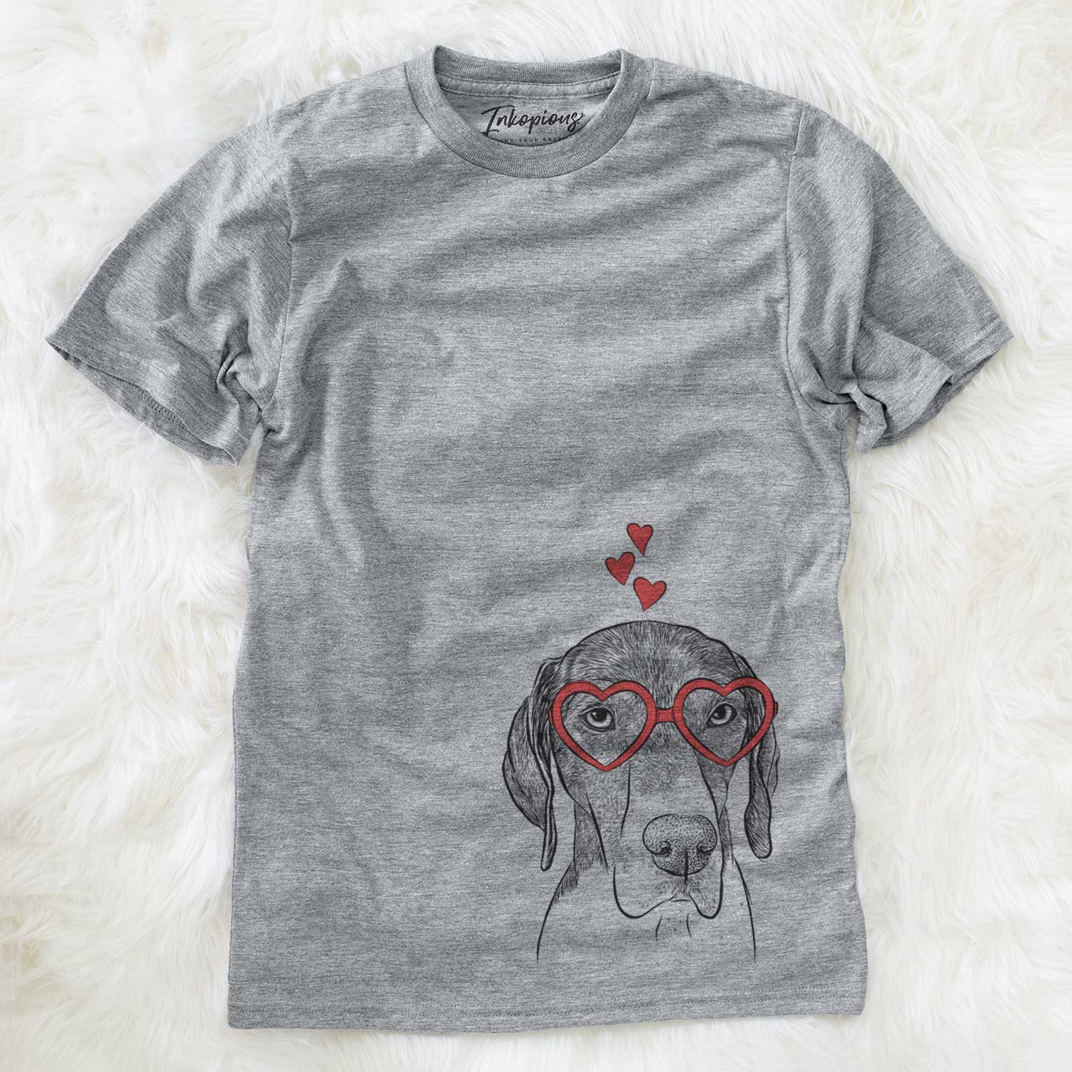 Hand-drawn sketch of Bohdi the German Shorthaired Pointer wearing heart-shaped glasses on a Grey Unisex crewneck