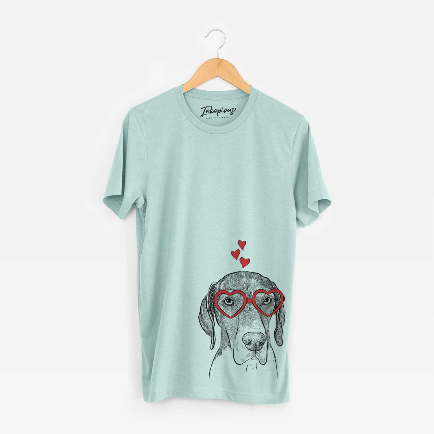 Hand-drawn sketch of Bohdi the German Shorthaired Pointer wearing heart-shaped glasses on a Heather Sage Bella Canvas Unisex Crewneck