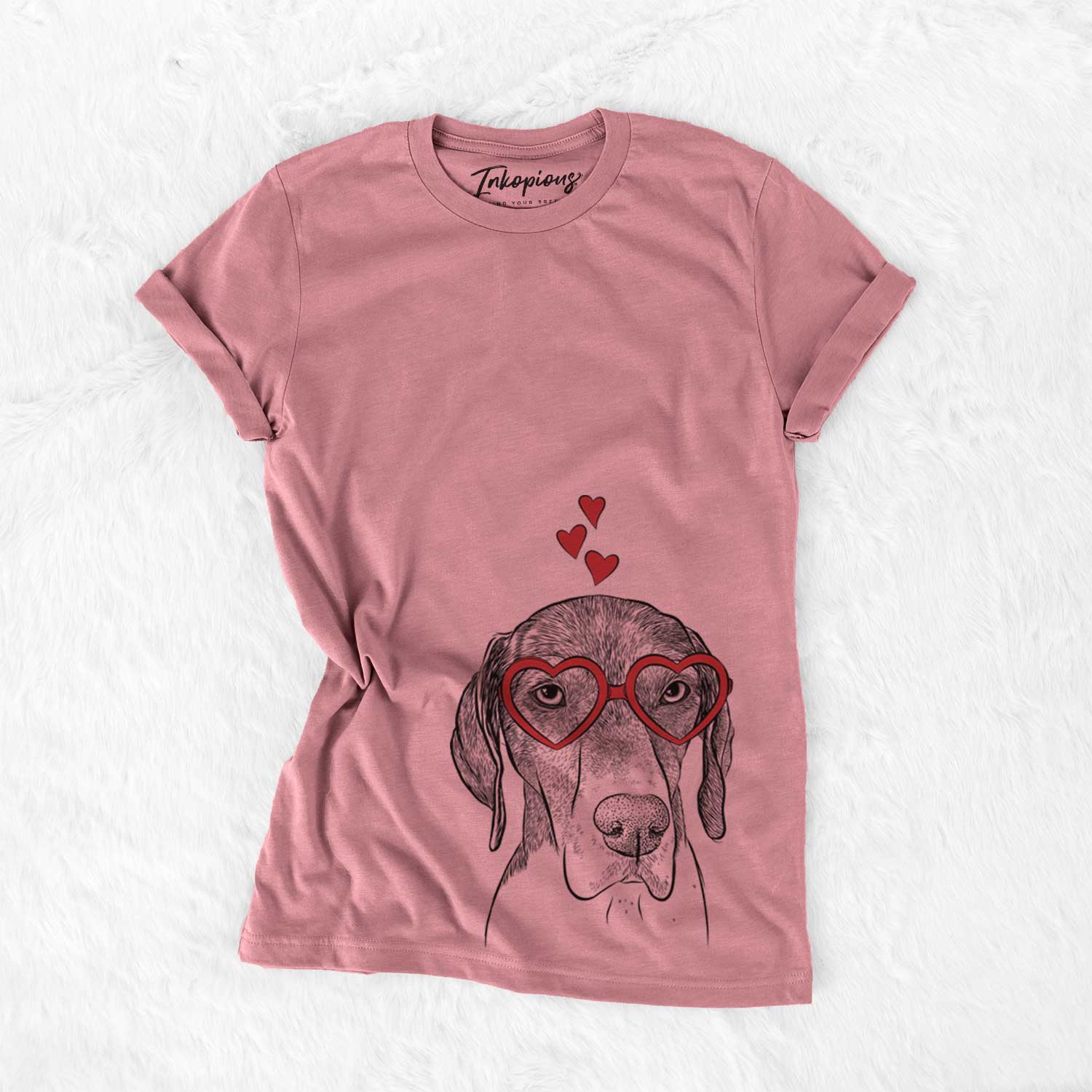Hand-drawn sketch of Bohdi the German Shorthaired Pointer wearing heart-shaped glasses on a Mauve Bella Canvas Unisex Crewneck