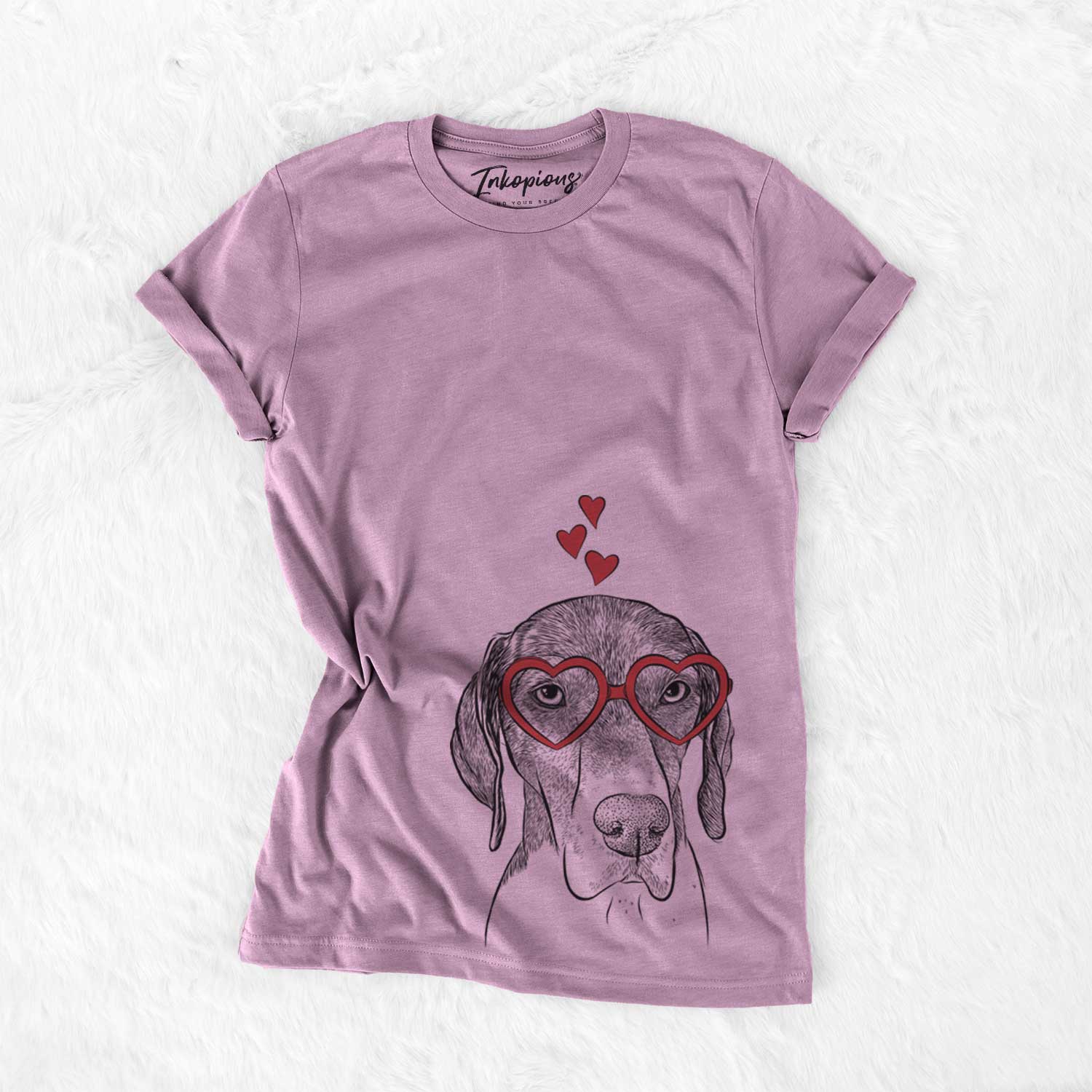Hand-drawn sketch of Bohdi the German Shorthaired Pointer wearing heart-shaped glasses on an Orchid Bella Canvas Unisex Crewneck