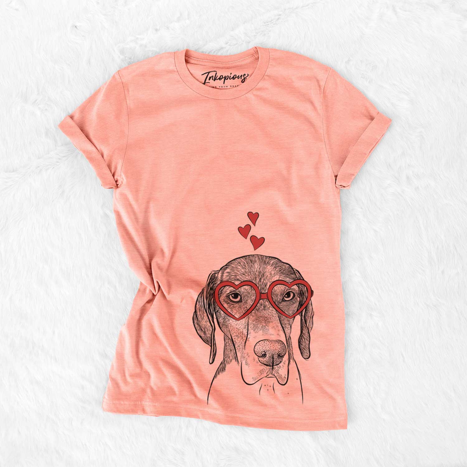 Hand-drawn sketch of Bohdi the German Shorthaired Pointer wearing heart-shaped glasses on a Sunset Bella Canvas Unisex Crewneck
