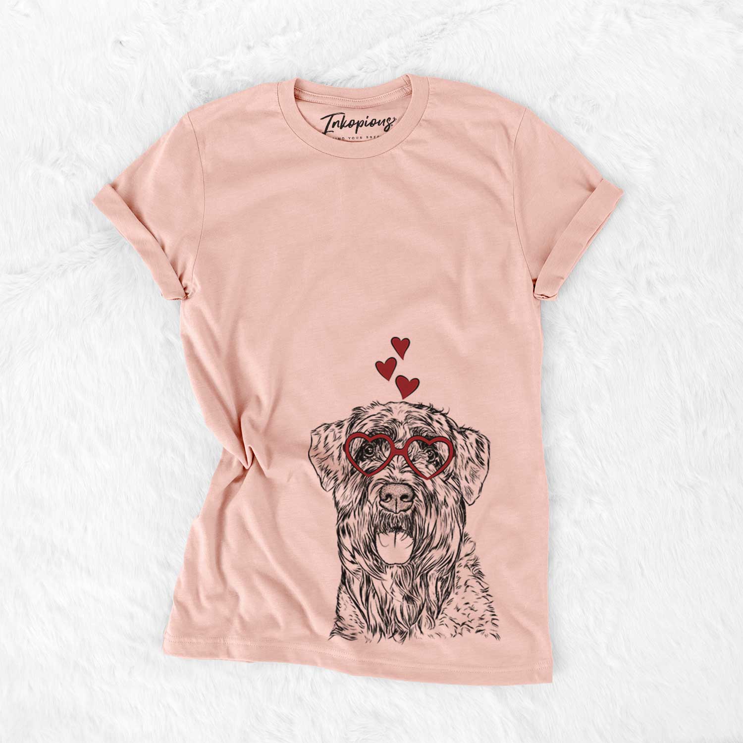 Hand-drawn sketch of Bonnie the Bouvier Des Flandres wearing heart-shaped glasses on a Peach Bella Canvas Unisex Crewneck