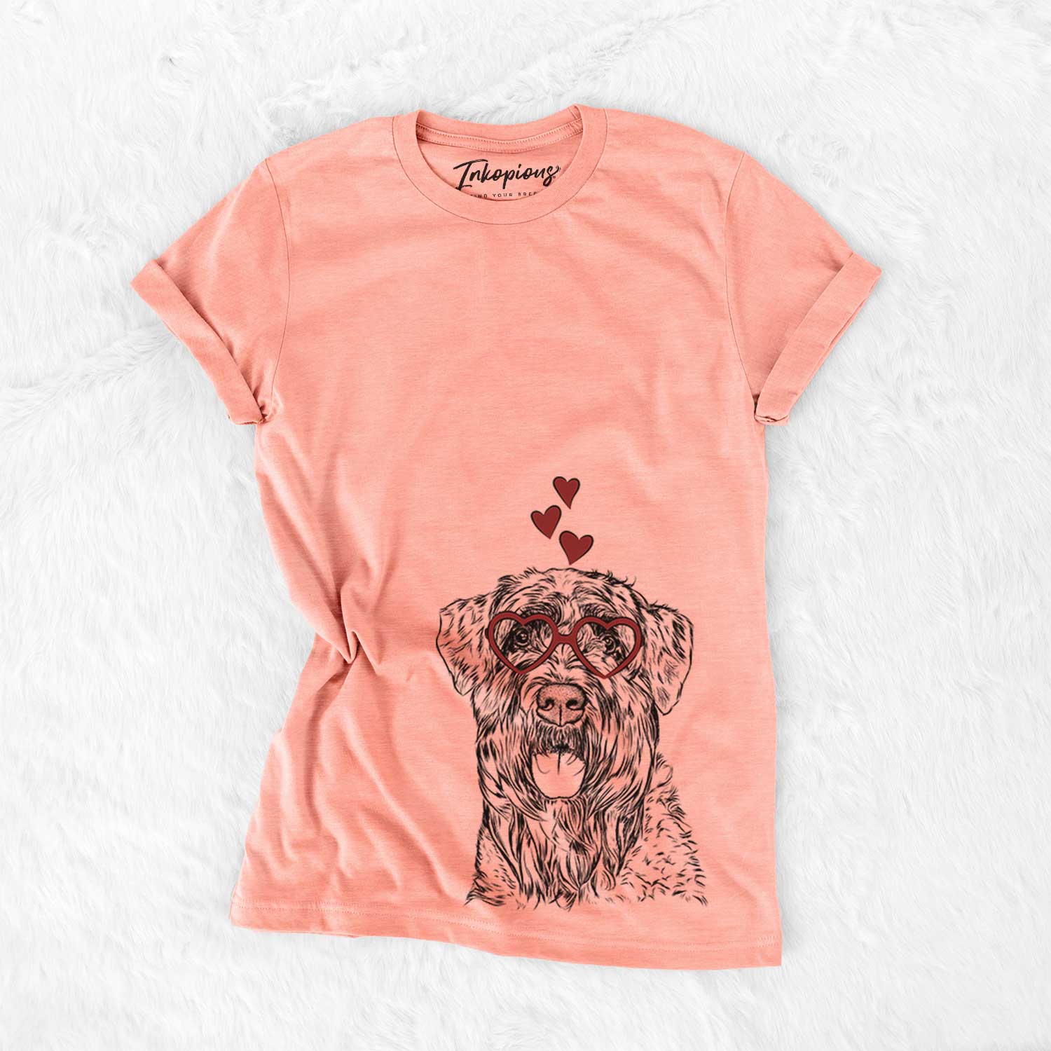 Hand-drawn sketch of Bonnie the Bouvier Des Flandres wearing heart-shaped glasses on a Sunset Bella Canvas Unisex Crewneck