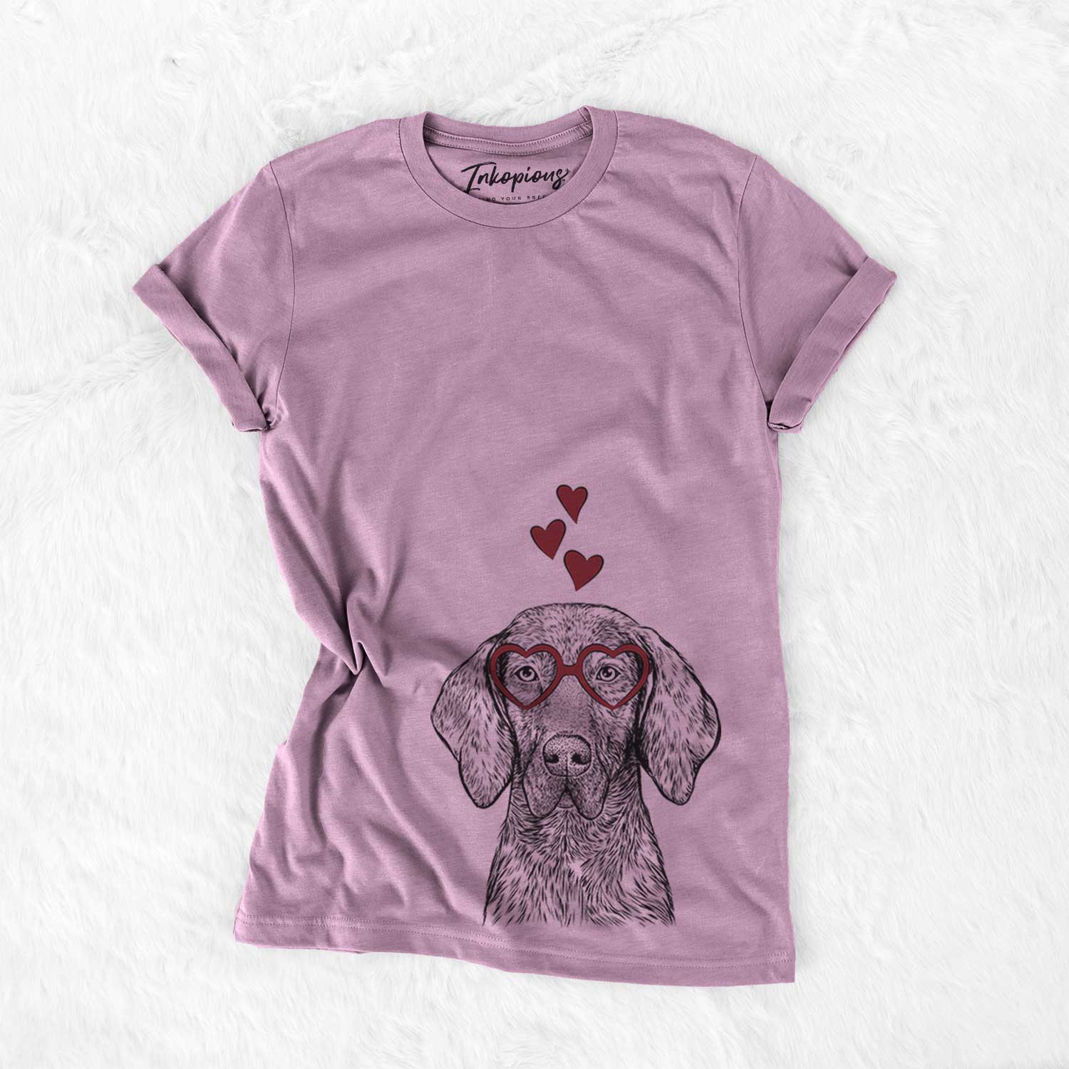 Hand-drawn sketch of Boone the Plott Hound wearing heart-shaped glasses on an Orchid Bella Canvas Unisex Crewneck