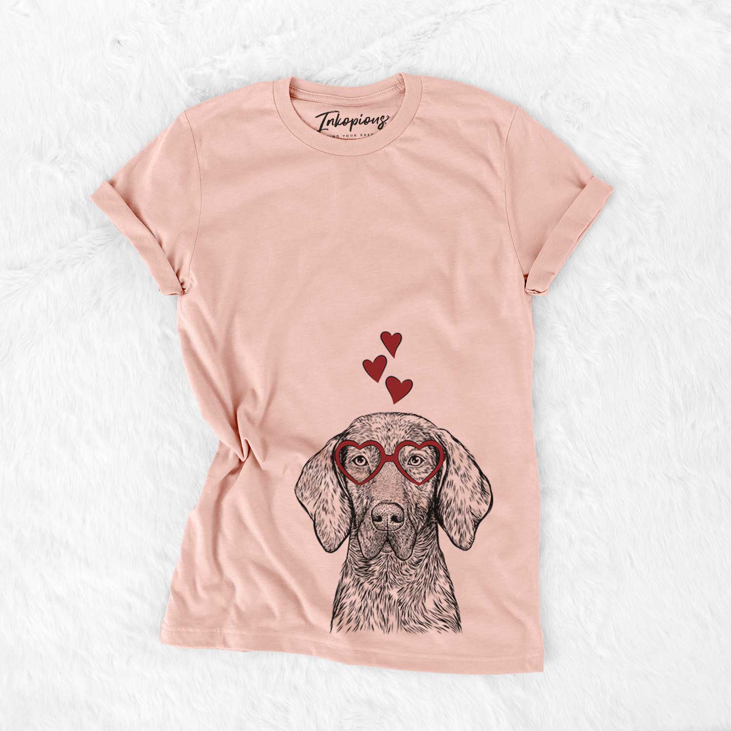 Hand-drawn sketch of Boone the Plott Hound wearing heart-shaped glasses on a Peach Bella Canvas Unisex Crewneck