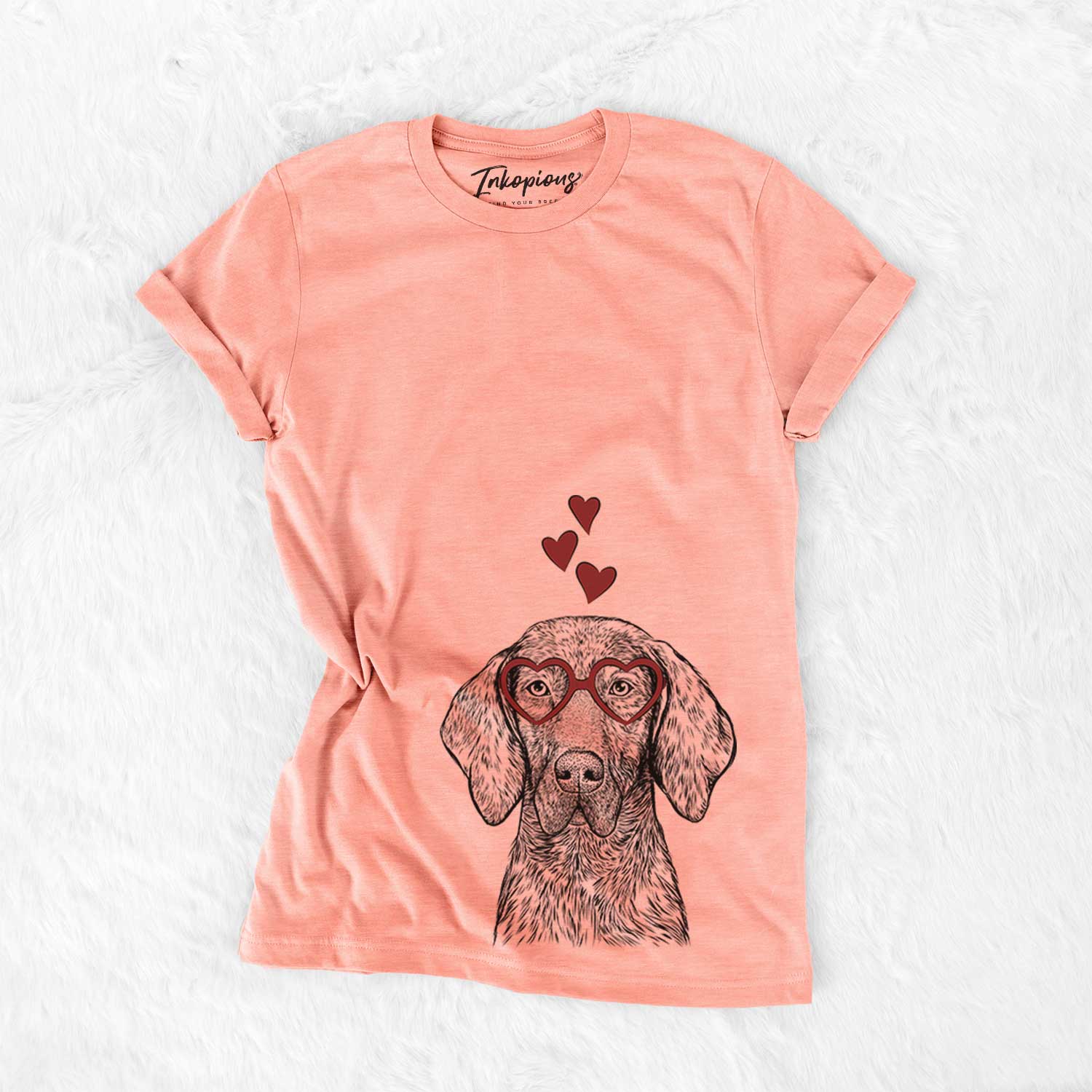 Hand-drawn sketch of Boone the Plott Hound wearing heart-shaped glasses on a Sunset Bella Canvas Unisex Crewneck