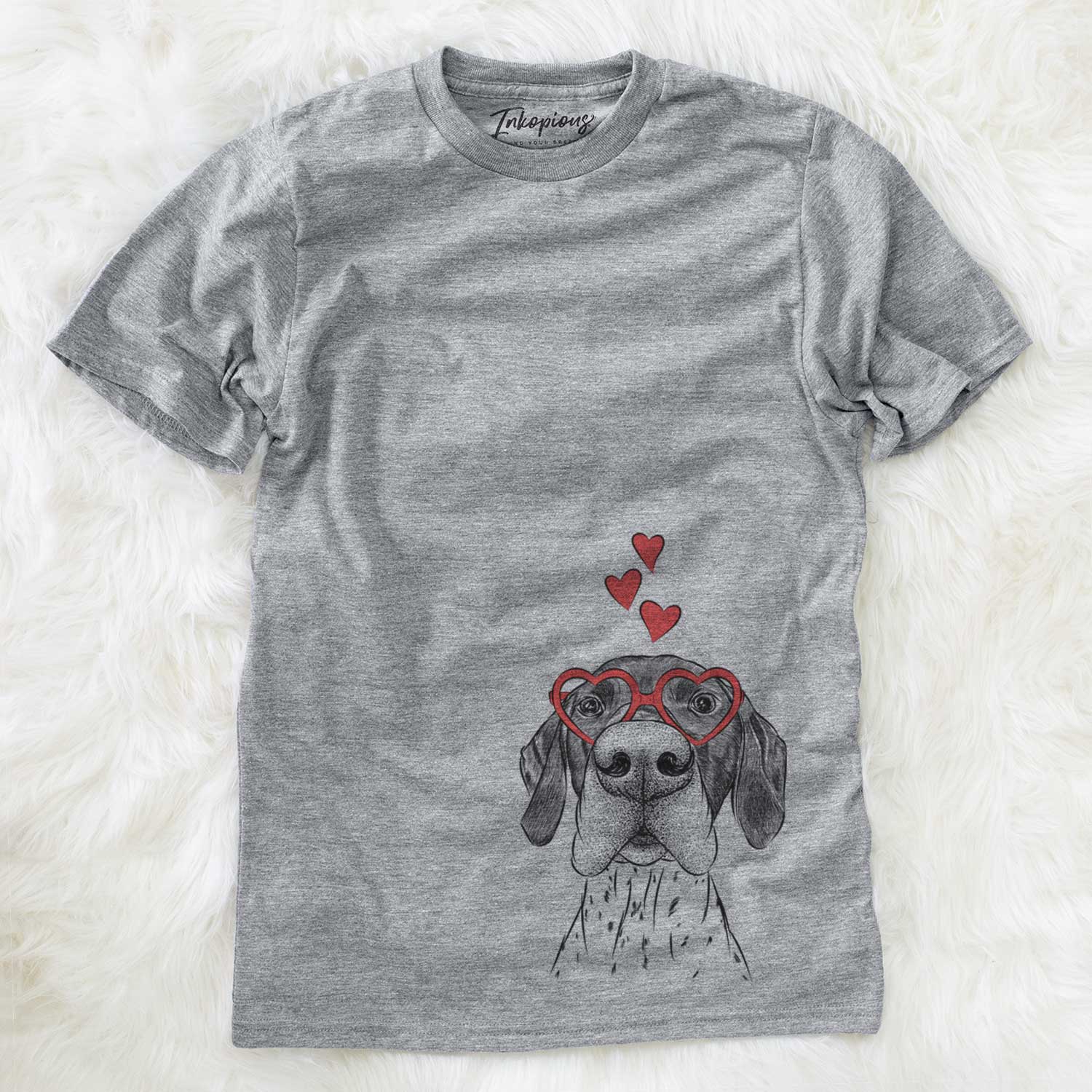Hand-drawn sketch of Booze the German Shorthaired Pointer wearing heart-shaped glasses on a Grey Unisex crewneck
