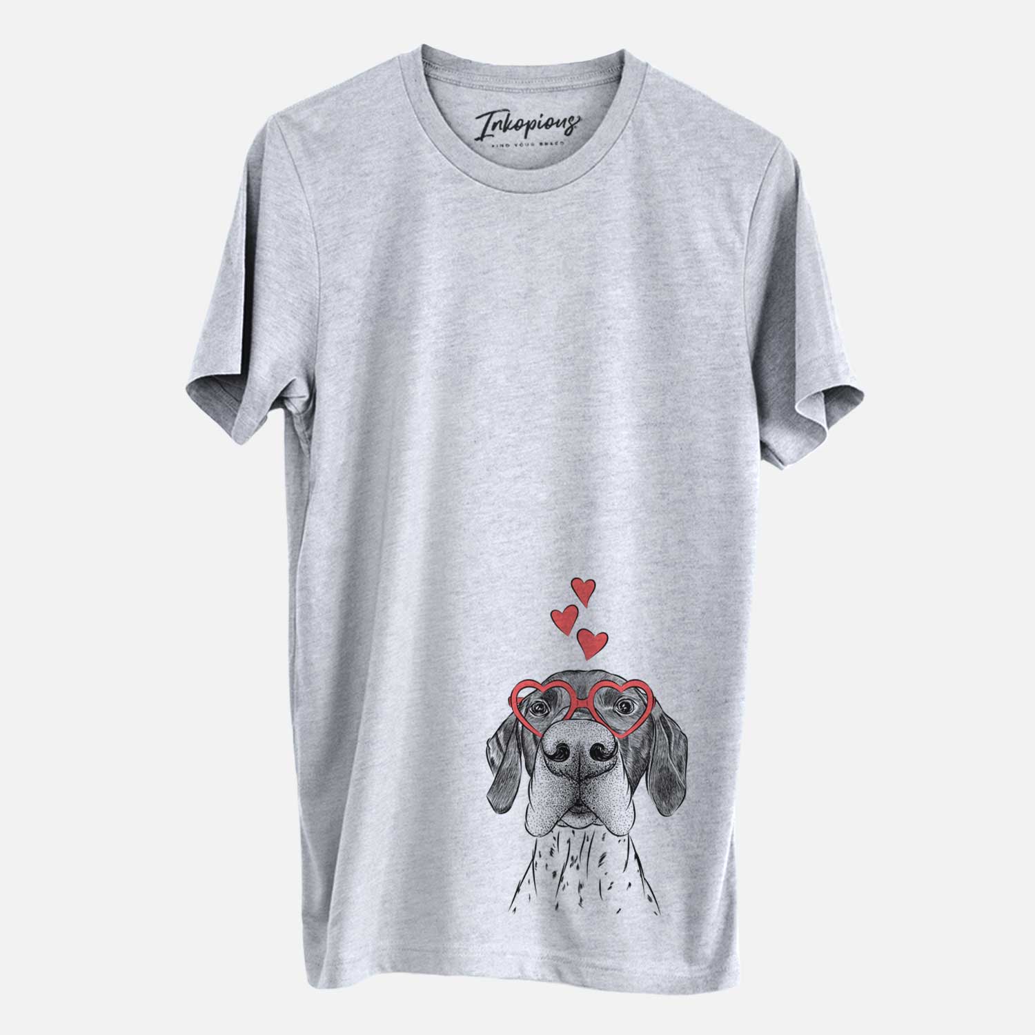 Hand-drawn sketch of Booze the German Shorthaired Pointer wearing heart-shaped glasses on a Grey Unisex crewneck