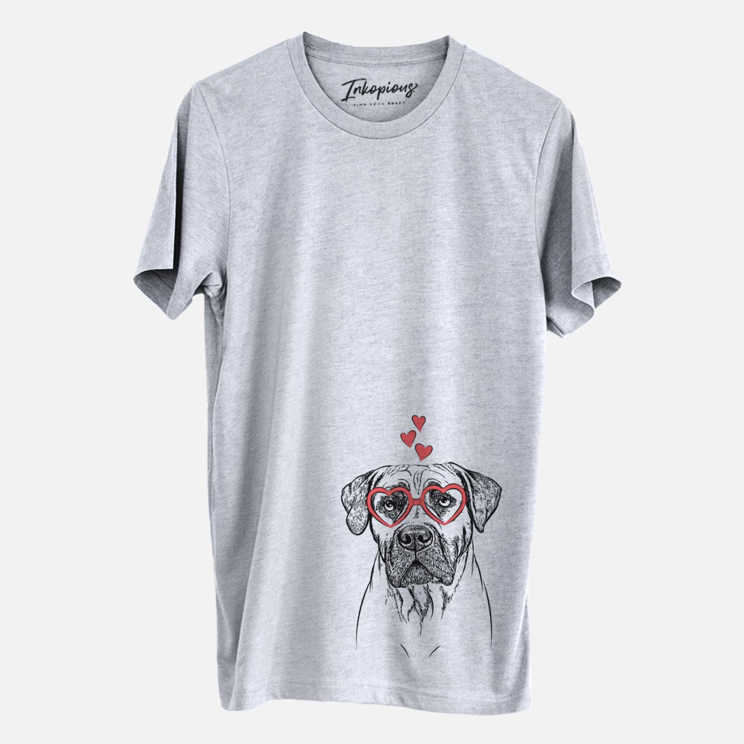 Hand-drawn sketch of Boris the Boerboel wearing heart-shaped glasses on a Grey Unisex crewneck