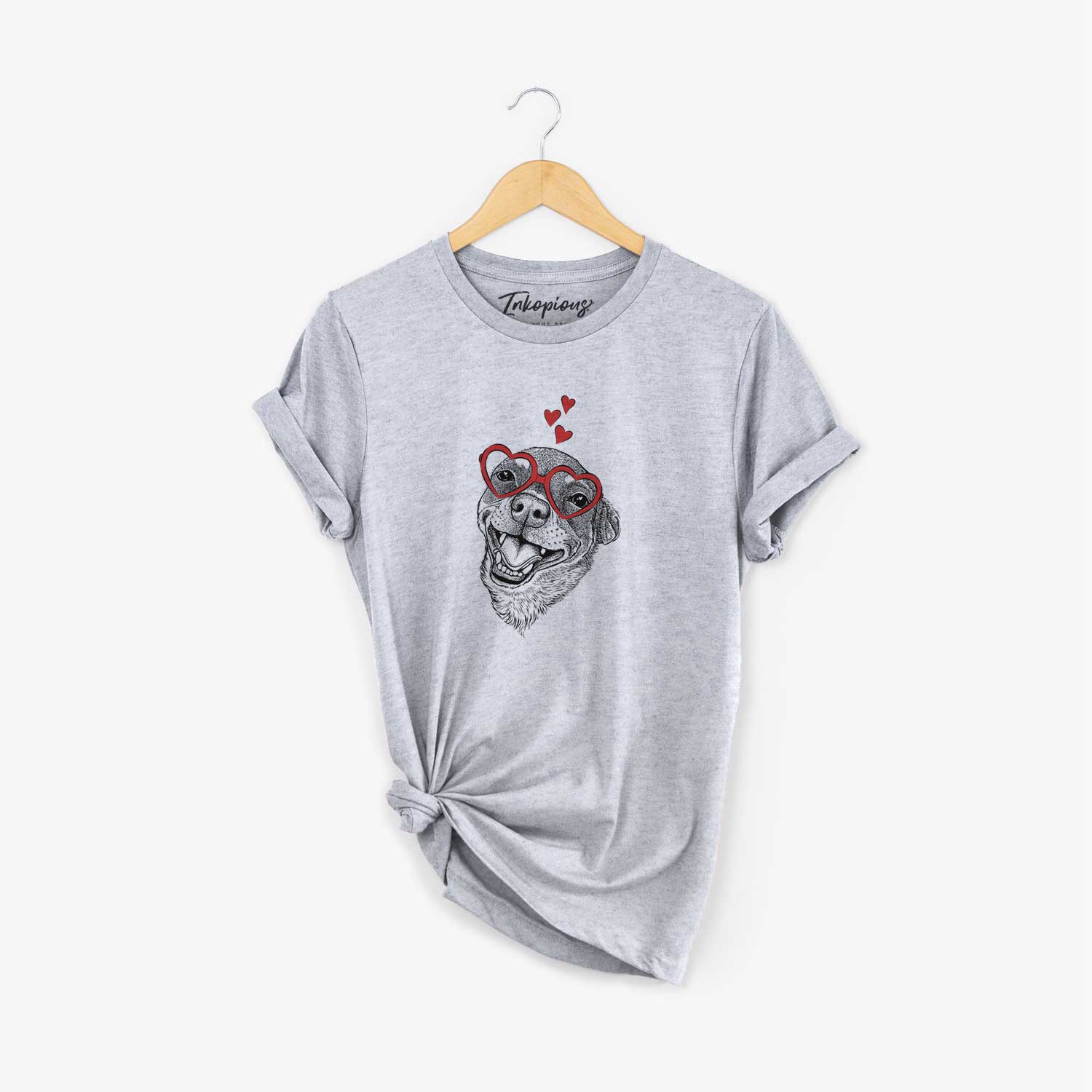 Hand-drawn sketch of Boss the Chihuahua wearing heart-shaped glasses on a Grey Unisex crewneck