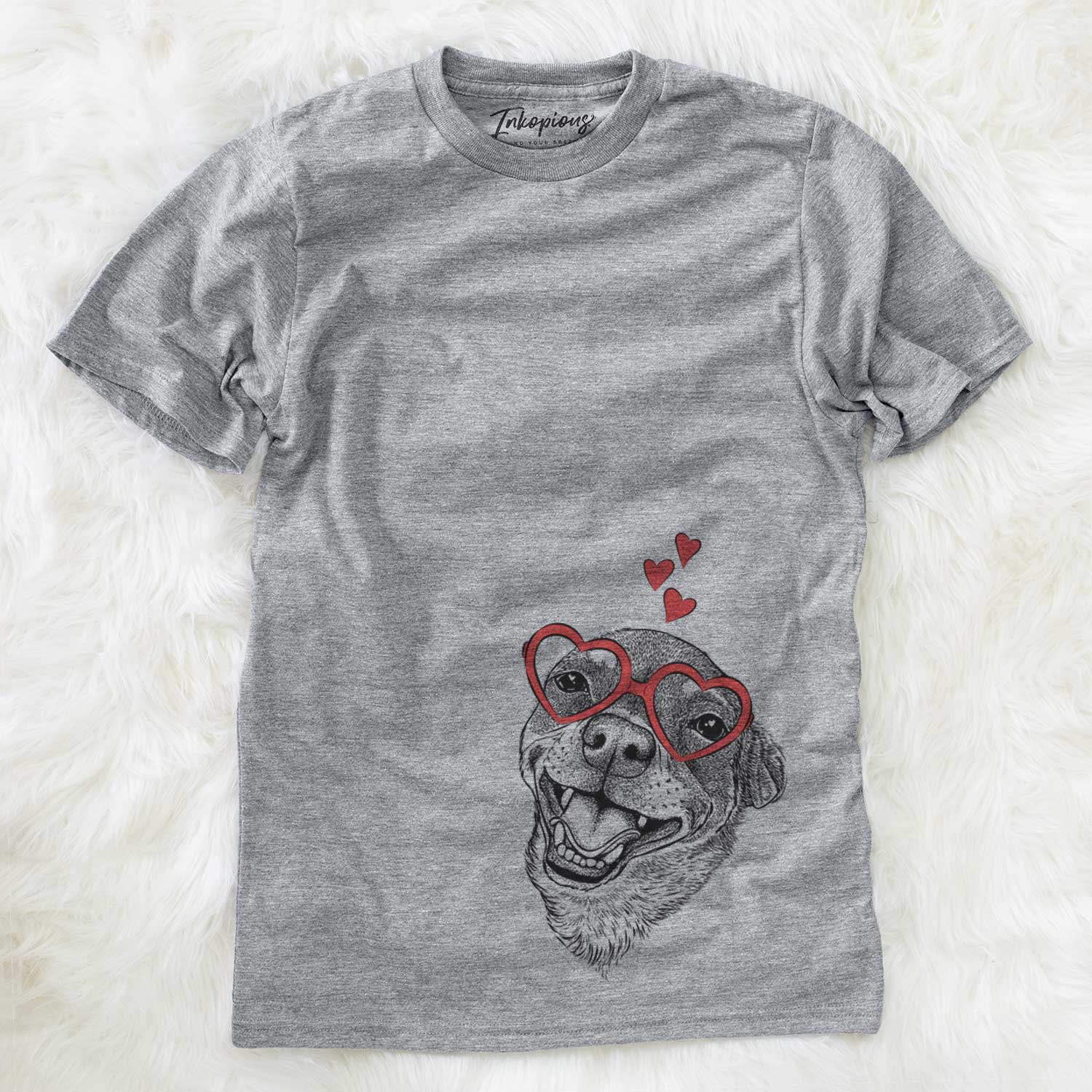 Hand-drawn sketch of Boss the Chihuahua wearing heart-shaped glasses on a Grey Unisex crewneck