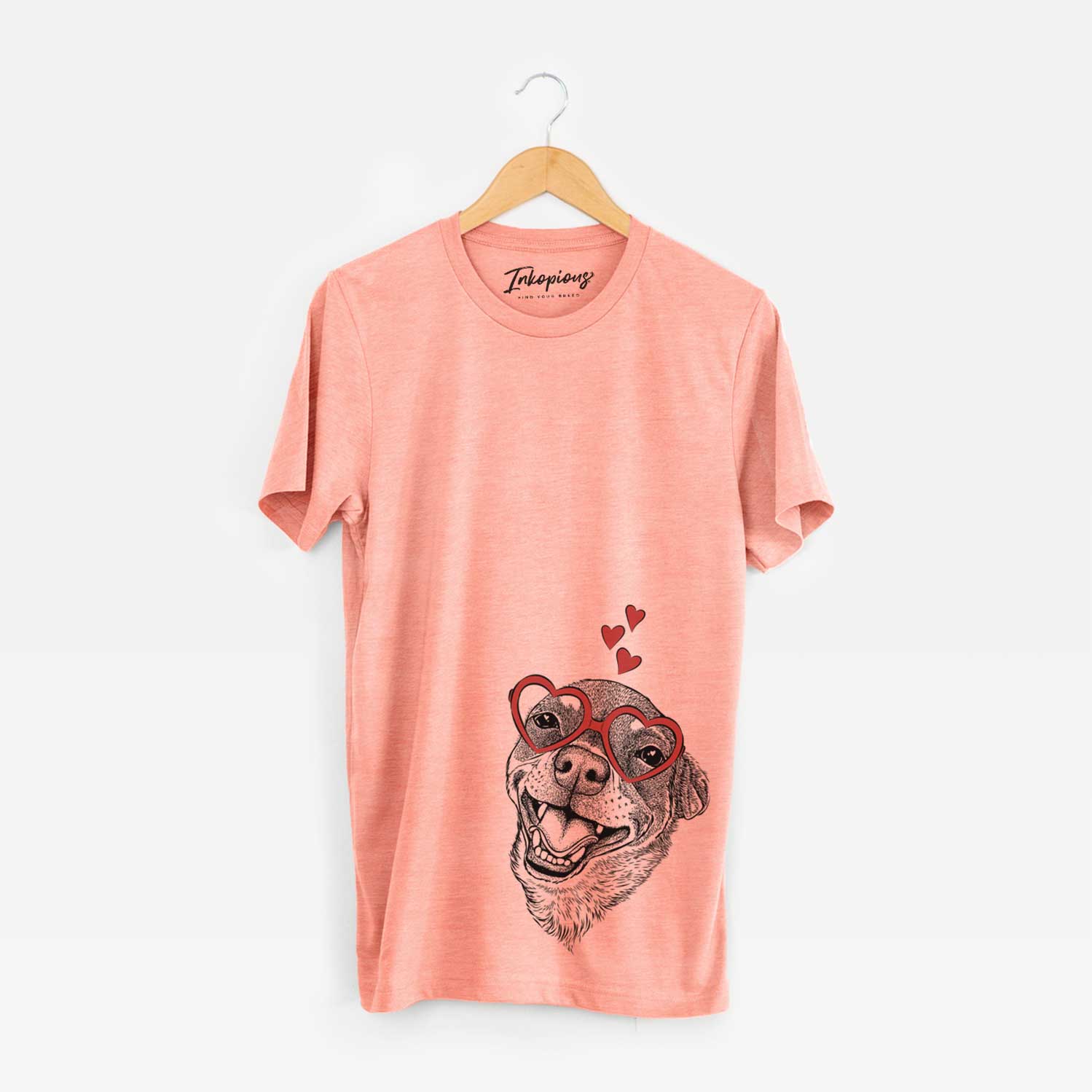Hand-drawn sketch of Boss the Chihuahua wearing heart-shaped glasses on a Sunset Unisex crewneck