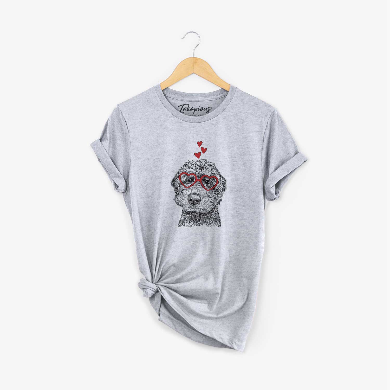 Hand-drawn sketch of Bowser the Whoodle wearing heart-shaped glasses on a Grey Unisex crewneck