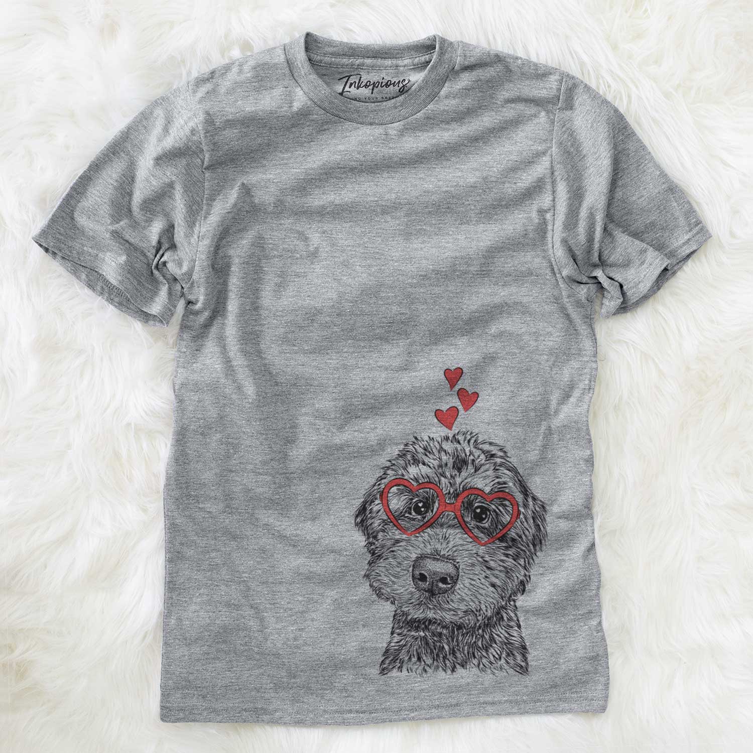 Hand-drawn sketch of Bowser the Whoodle wearing heart-shaped glasses on a Grey Unisex crewneck