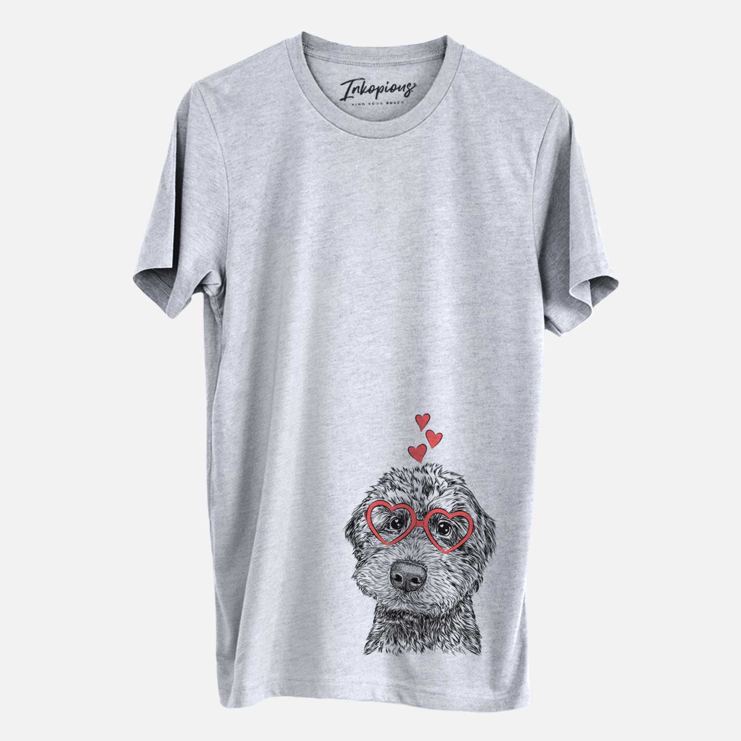 Hand-drawn sketch of Bowser the Whoodle wearing heart-shaped glasses on a Grey Unisex crewneck